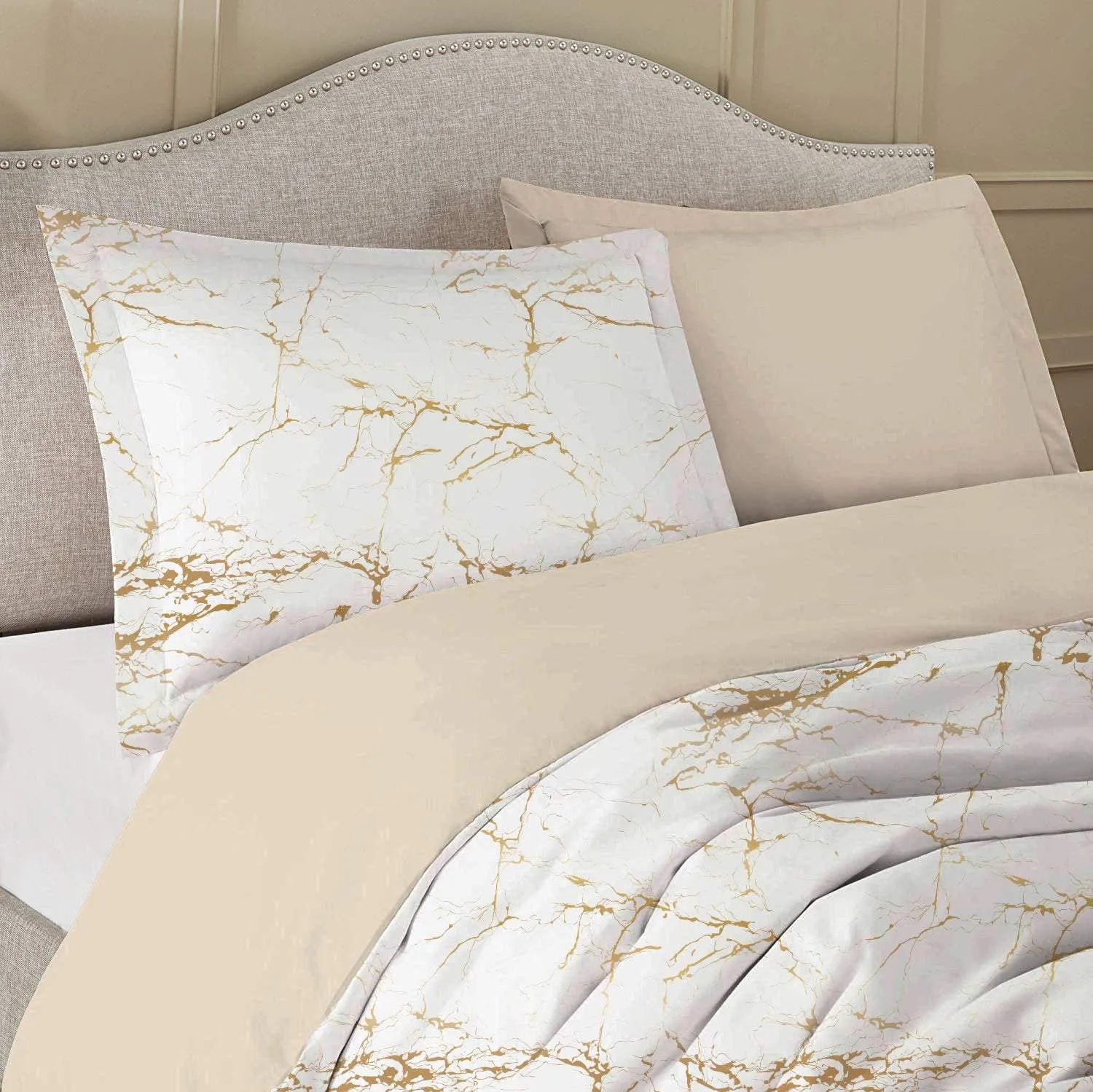 100% Cotton 3-Piece Printed Marble Comforter Set Queen/King Size - Gold