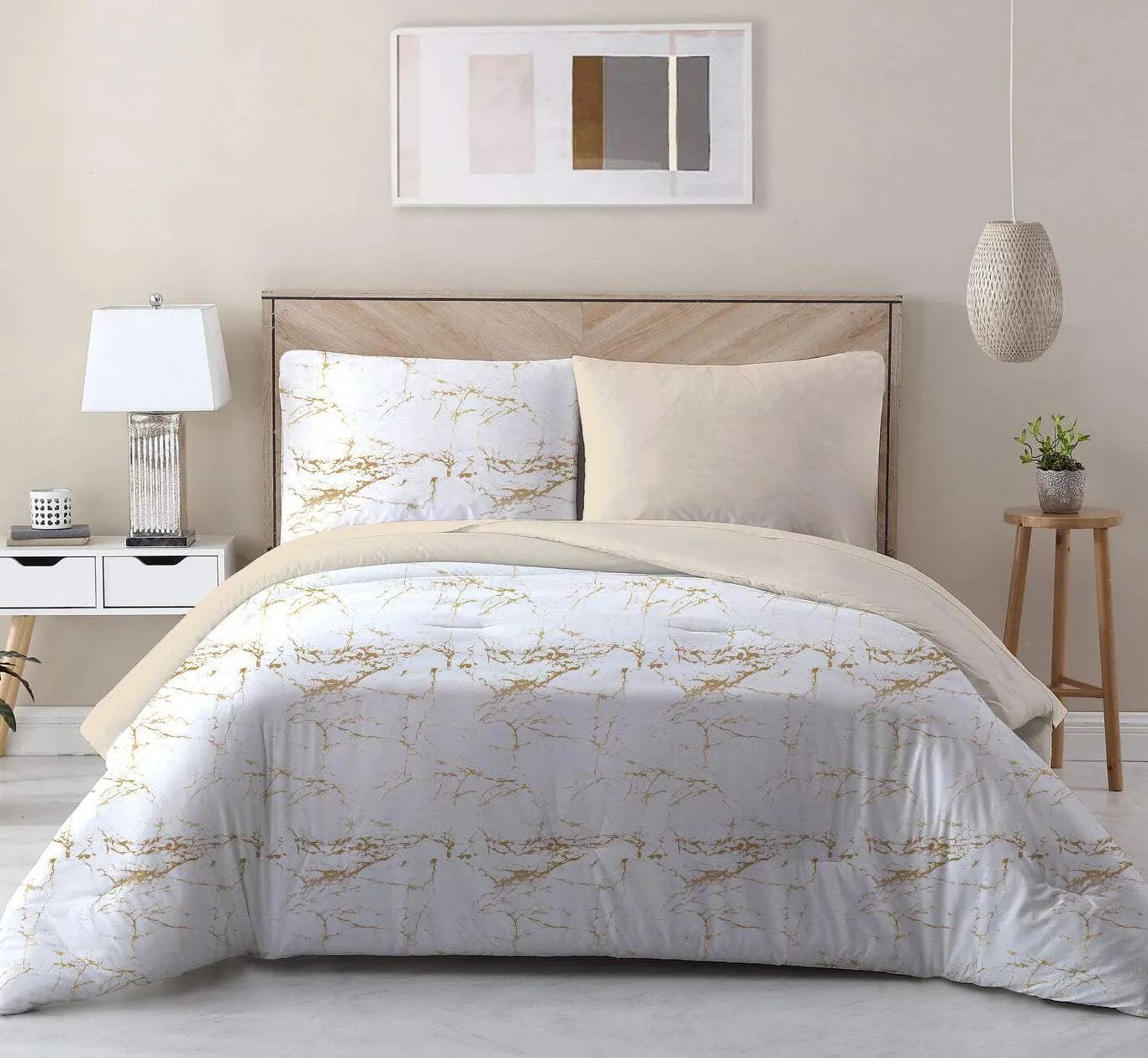 100% Cotton 3-Piece Printed Marble Comforter Set Queen/King Size - Gold