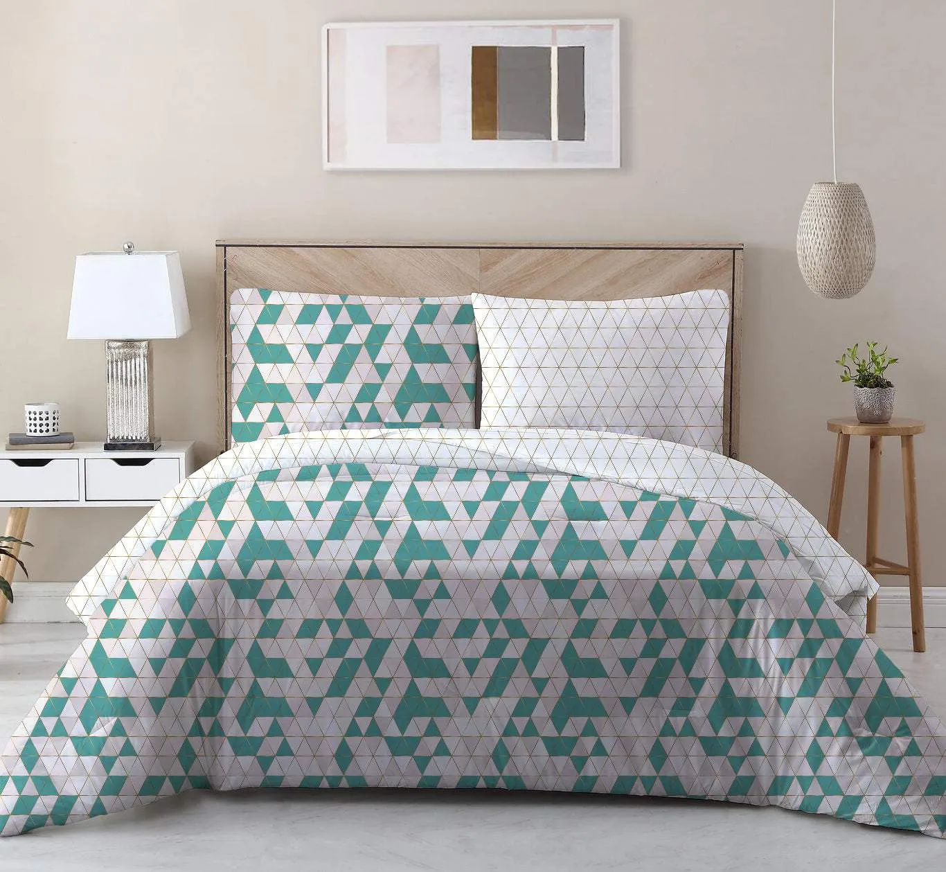 100% Cotton 3-Piece Triangle Printed Sparkle Comforter Set Queen/King Size - Teal