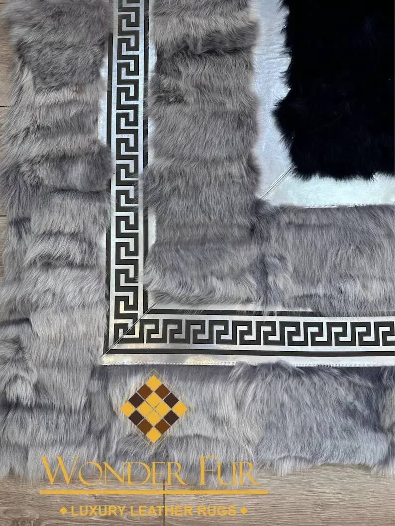 100%Natural Handmade Gray Black Sheepskin Office Area Rug , Modern Rug