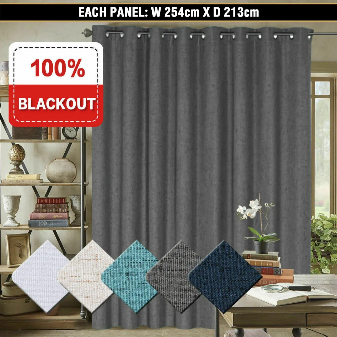 1x Extra Wider 100% Blackout Curtain for Bedroom Linen Textured Blockout Curtain