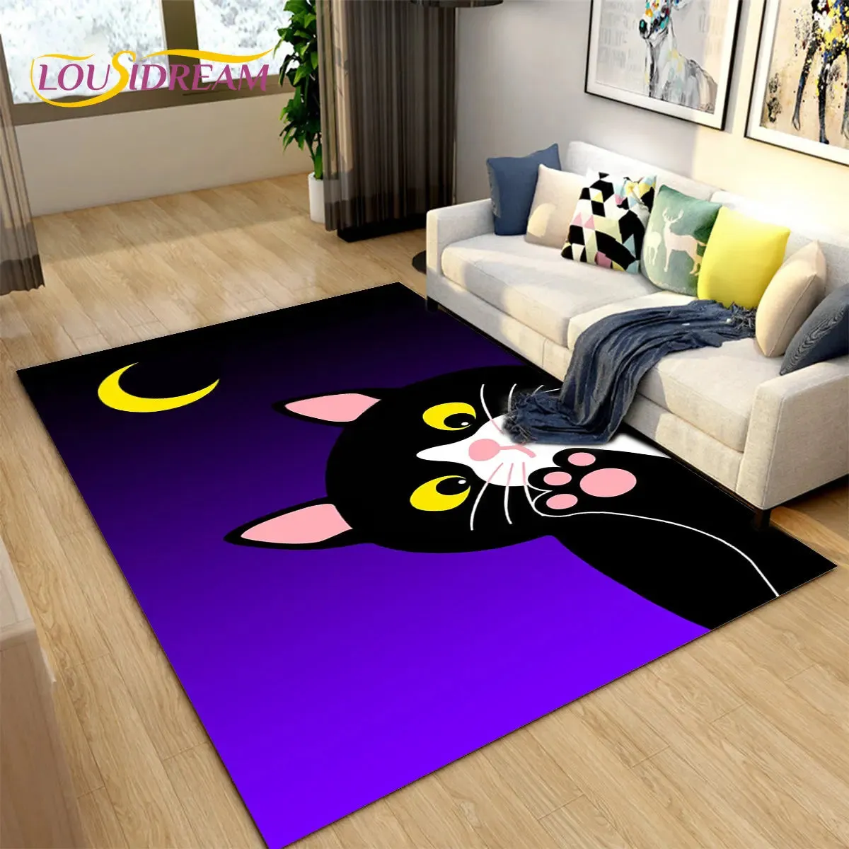 3D Cartoon Cat Moon Area Living Room Rug