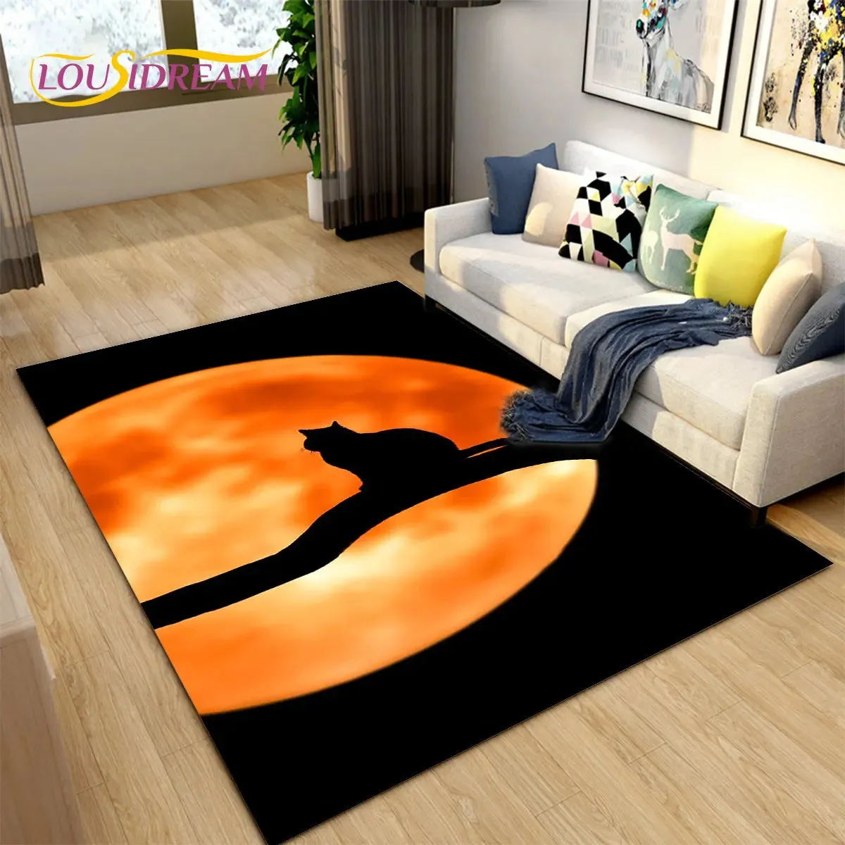 3D Cartoon Cat Moon Area Living Room Rug