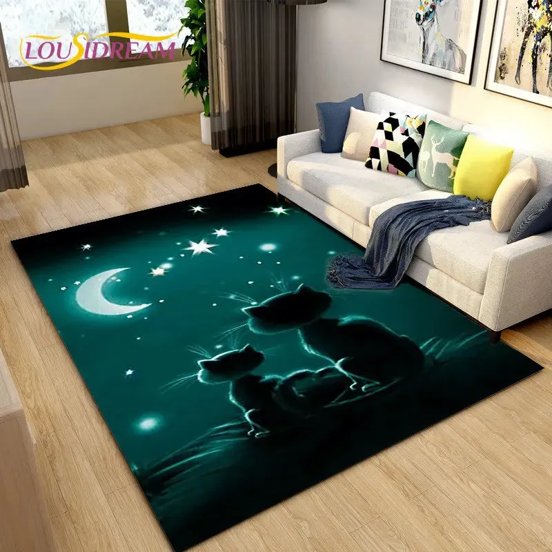 3D Cartoon Cat Moon Area Living Room Rug