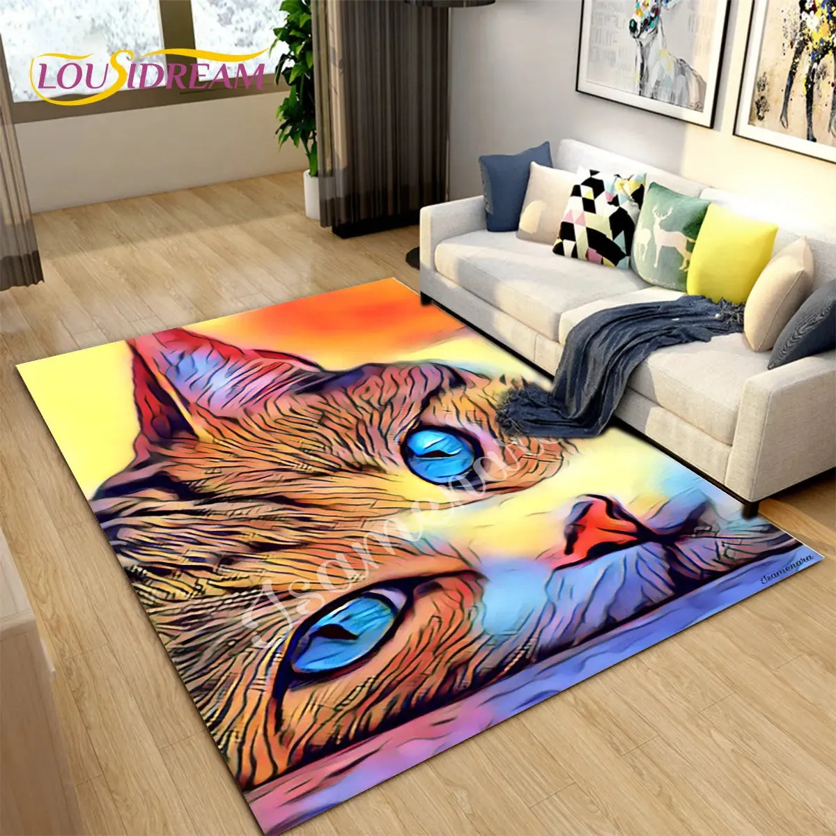 3D Cartoon Cat Moon Area Living Room Rug