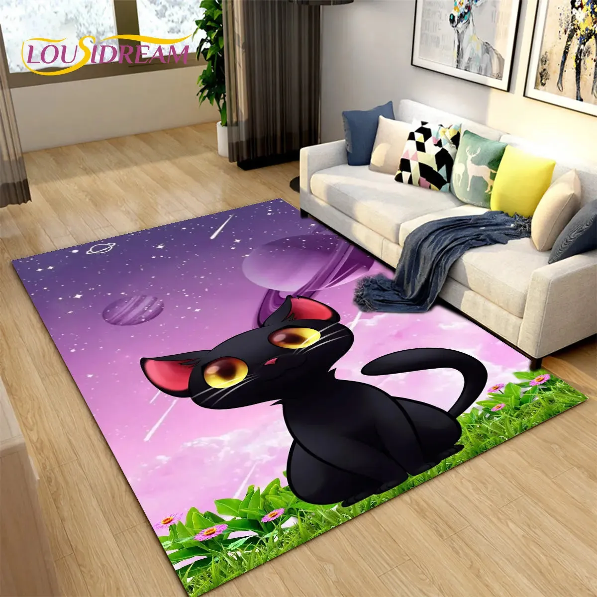 3D Cartoon Cat Moon Area Living Room Rug