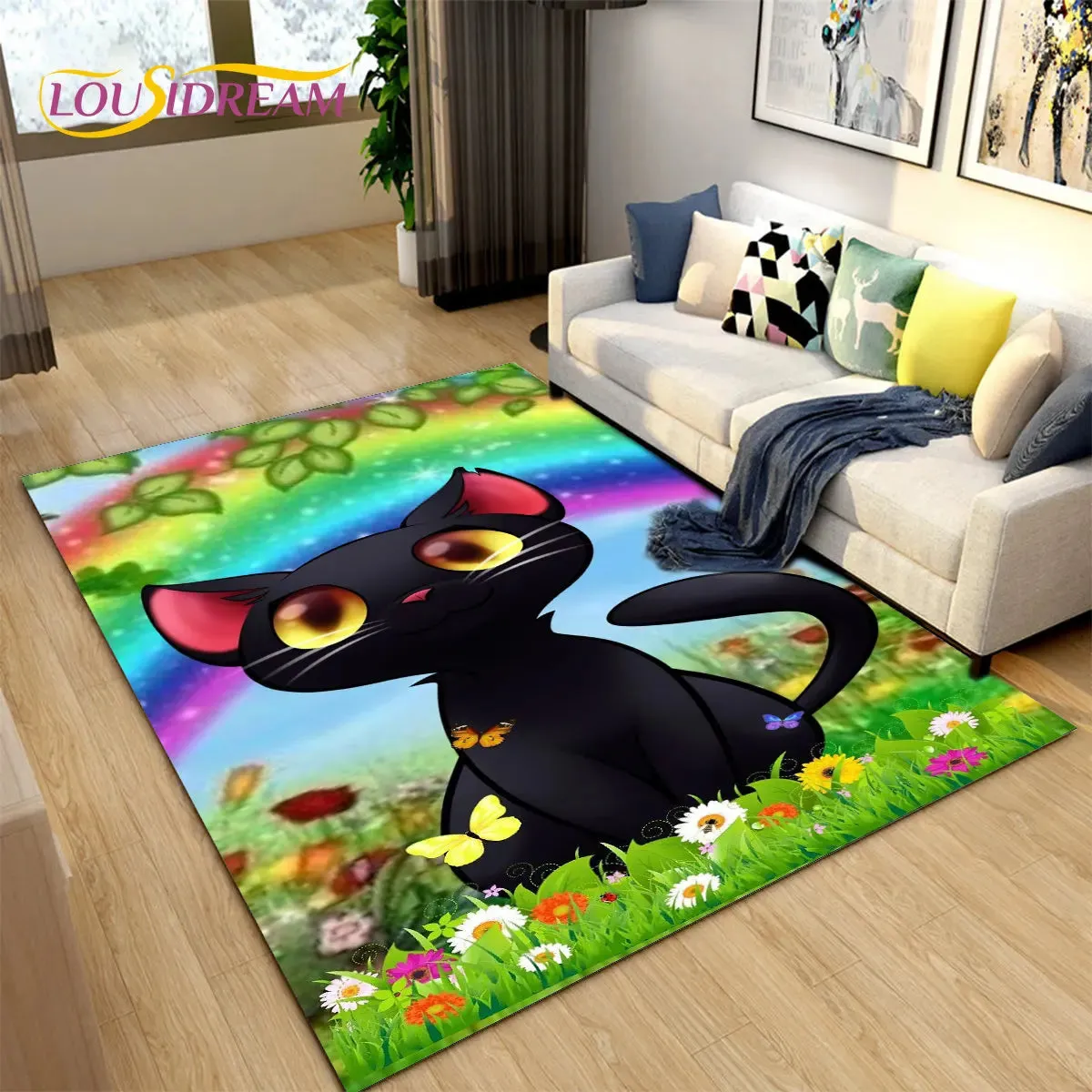 3D Cartoon Cat Moon Area Living Room Rug