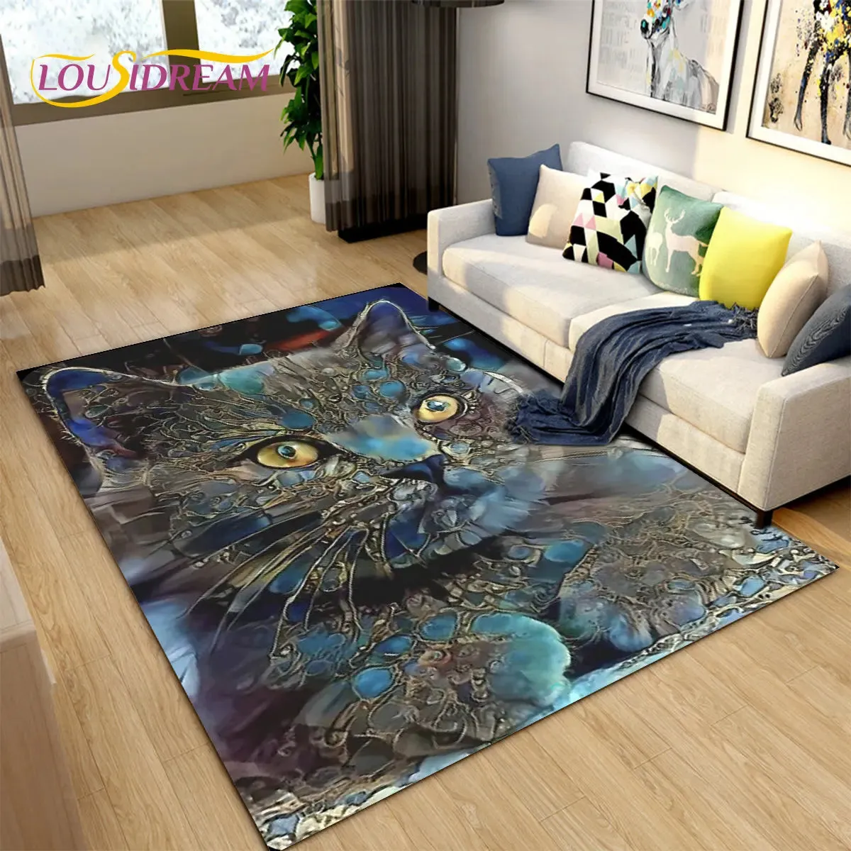 3D Cartoon Cat Moon Area Living Room Rug