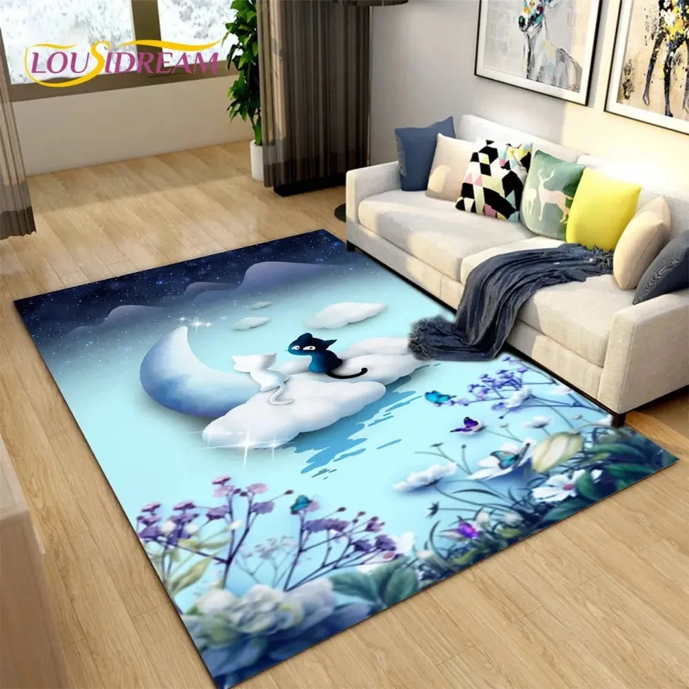 3D Cartoon Cat Moon Area Living Room Rug