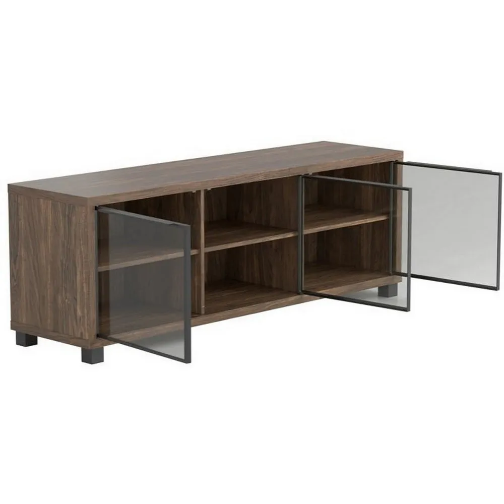 59'' Wooden TV Console with 3 Glass Door Storage, Brown By Casagear Home