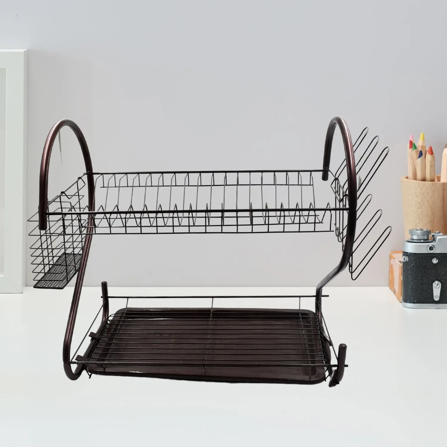 5950 2 Tier Dish Drying Rack Stainless Steel Large Dish Plate Rack Metal Strainer Dryer Racks Two Tier Dishes Drainer and Drain Tray with Utensil