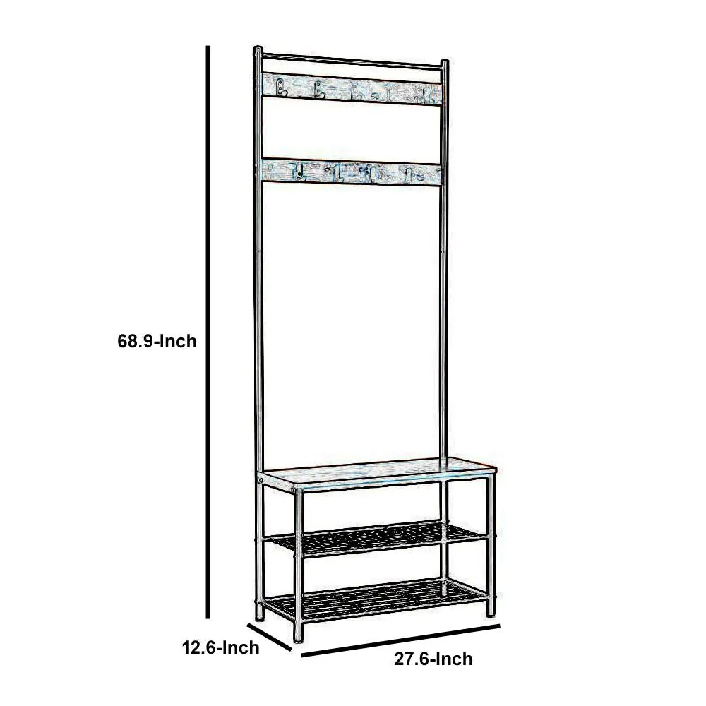 69 Inch Industrial Metal Frame Coat Rack, Nine Hooks, 2 Slatted Shelves, Rustic Brown, Black By Casagear Home