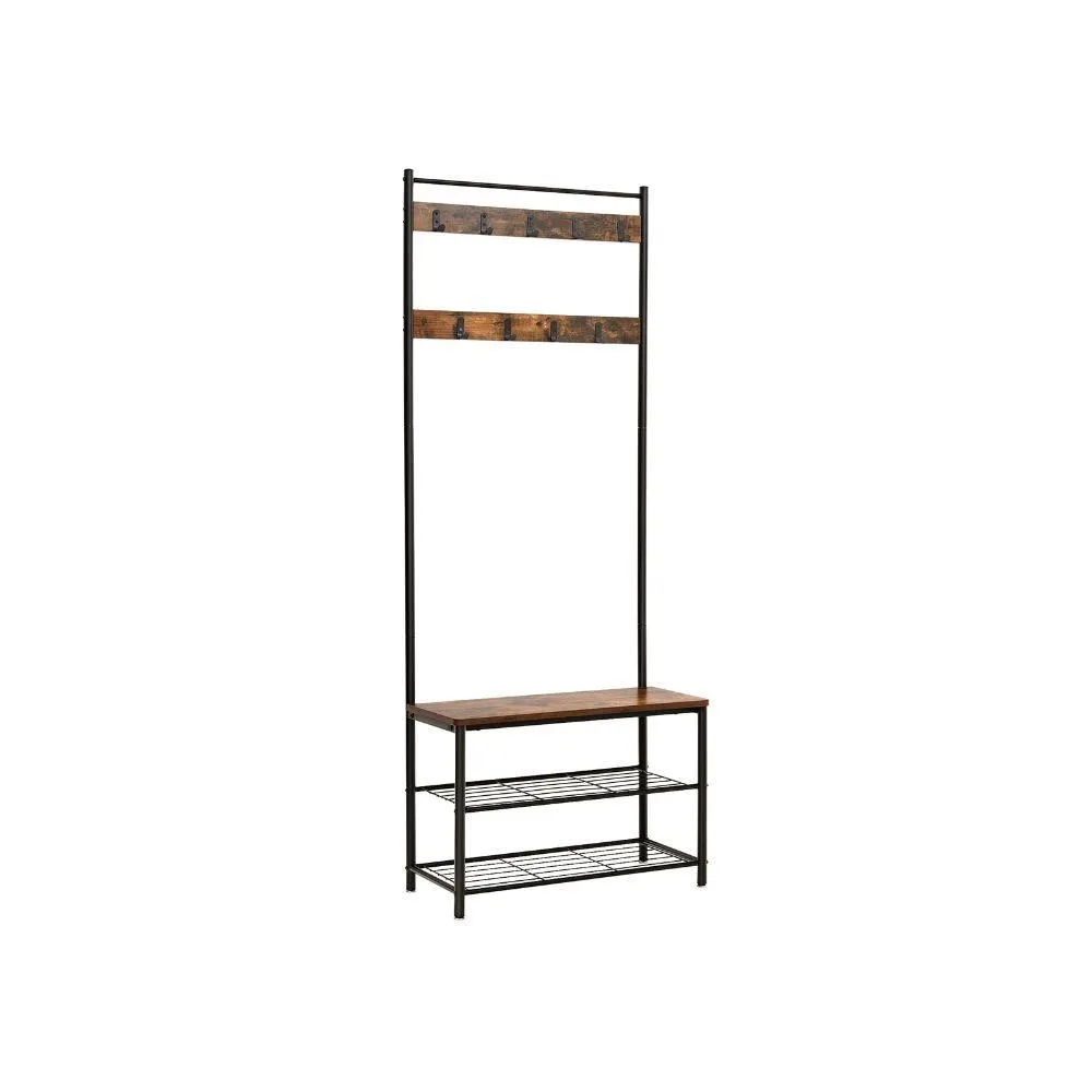 69 Inch Industrial Metal Frame Coat Rack, Nine Hooks, 2 Slatted Shelves, Rustic Brown, Black By Casagear Home