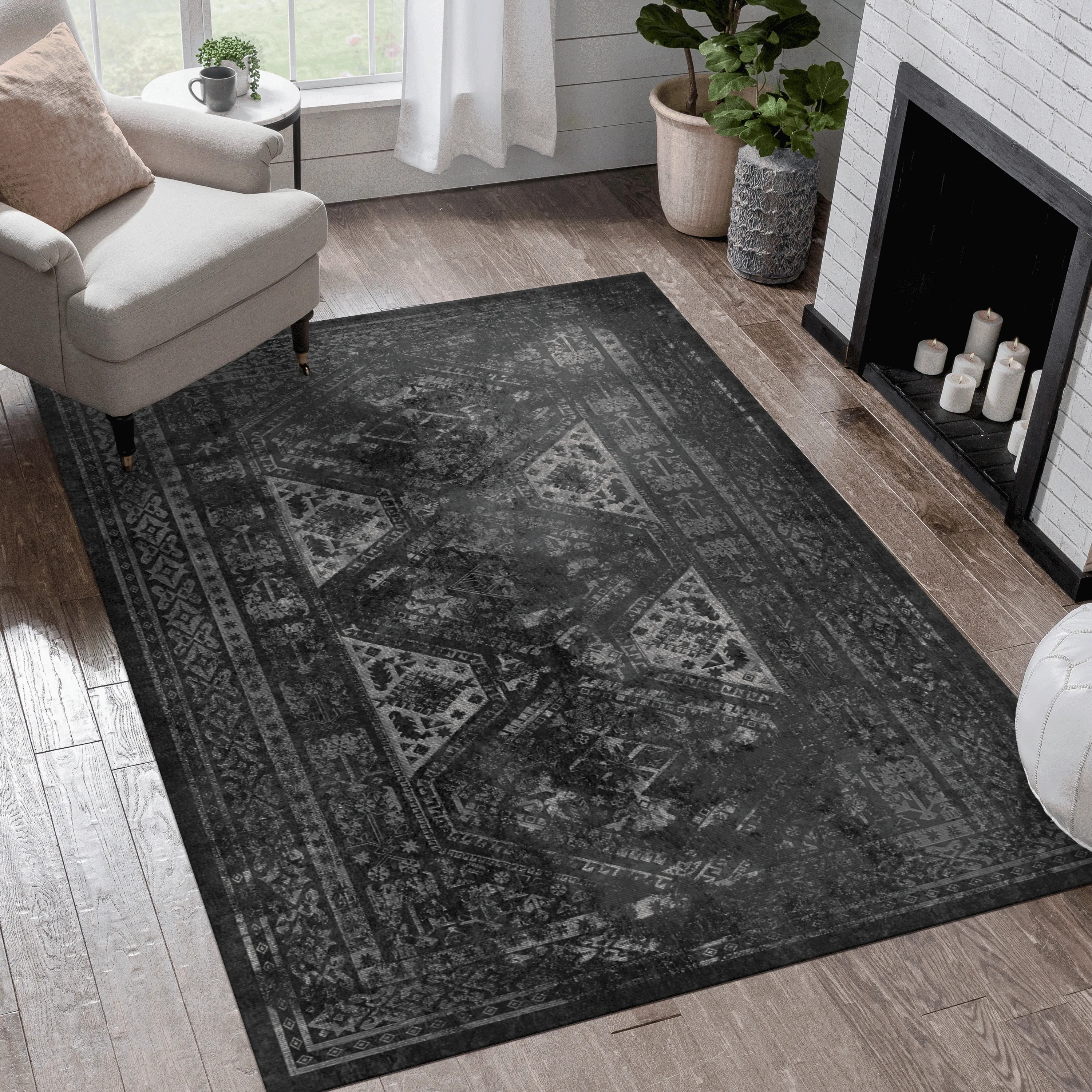 6x9 Area Rug, Washable Rug, Low-Pile, Non-Slip, Non-Shedding, Foldable, Kid & Pet Friendly - Area Rugs for living room, bedroom, kitchen, dining room rug - Perfect Gifts, (Black  Gray, 6' x 9')