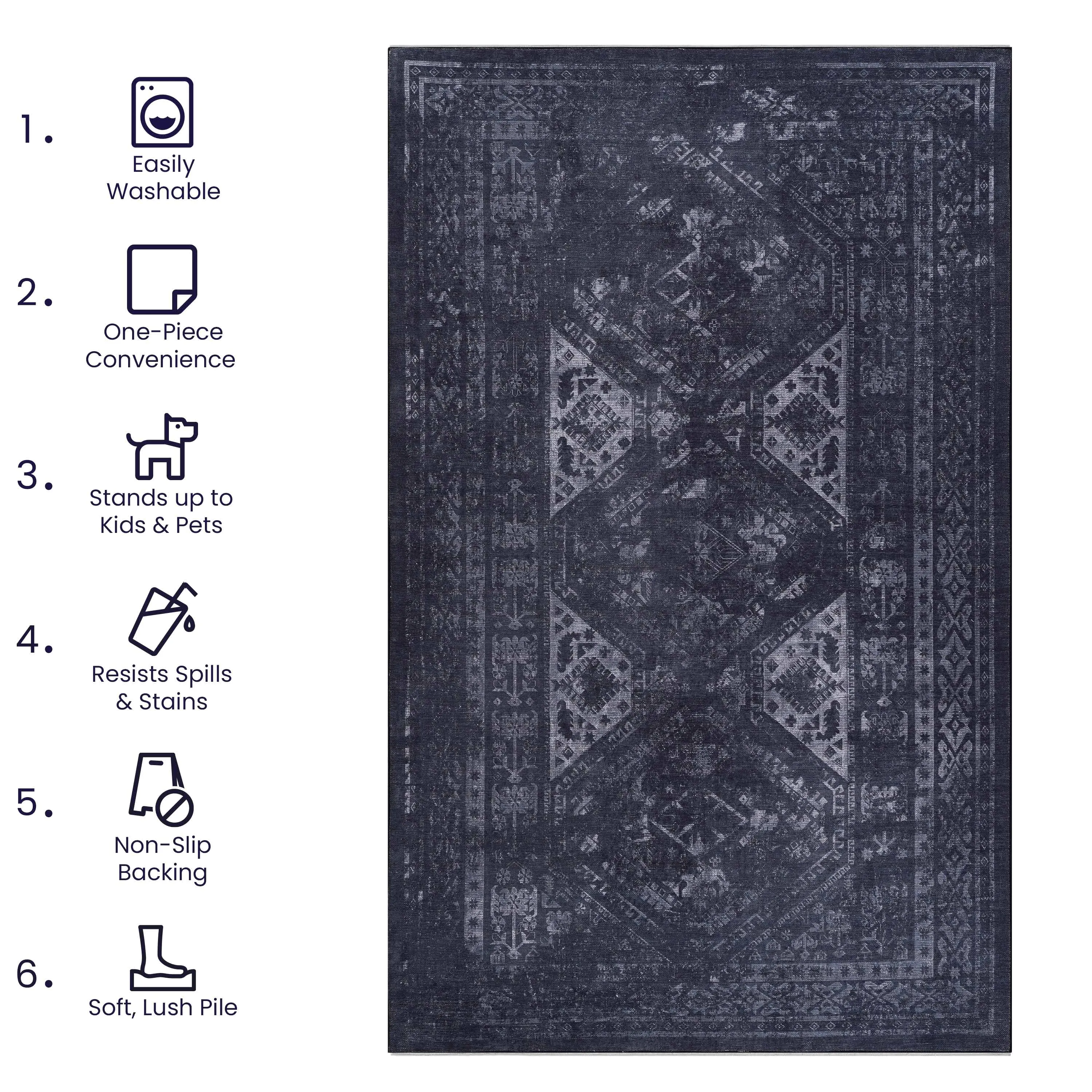 6x9 Area Rug, Washable Rug, Low-Pile, Non-Slip, Non-Shedding, Foldable, Kid & Pet Friendly - Area Rugs for living room, bedroom, kitchen, dining room rug - Perfect Gifts, (Black  Gray, 6' x 9')