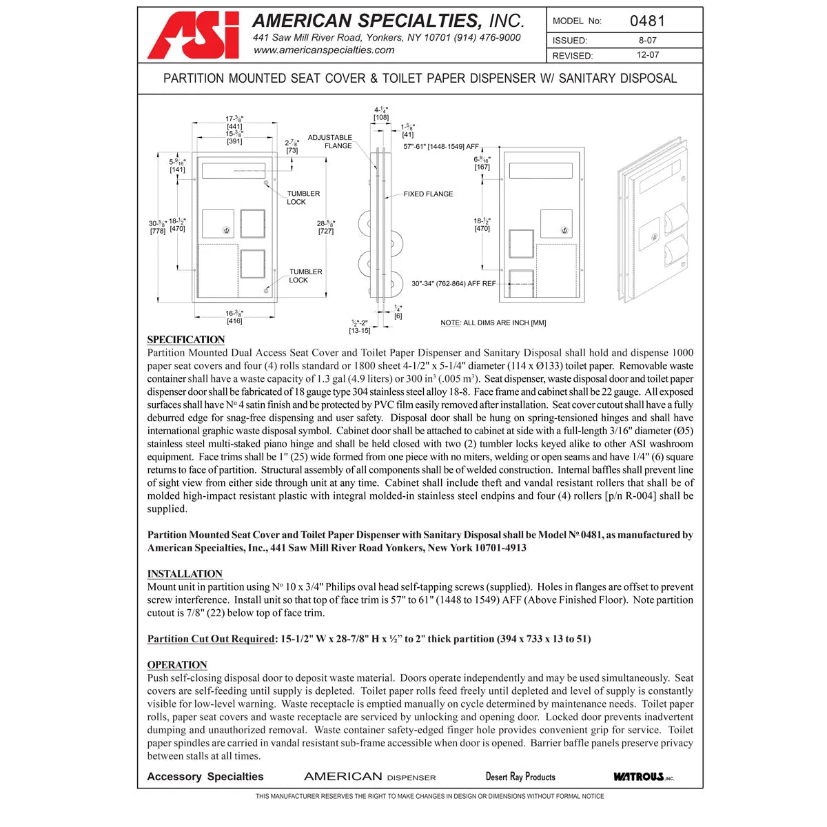 ASI 0481 Combination Commercial Seat Cover/Toilet Paper Dispensers/Sanitary Napkin Disposal, Partition-Mounted, Stainless Steel