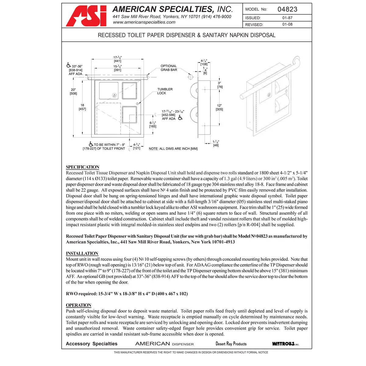 ASI 04823 Combination Toilet Paper Dispenser /Napkin Disposal, Recessed-Mounted, Stainless Steel