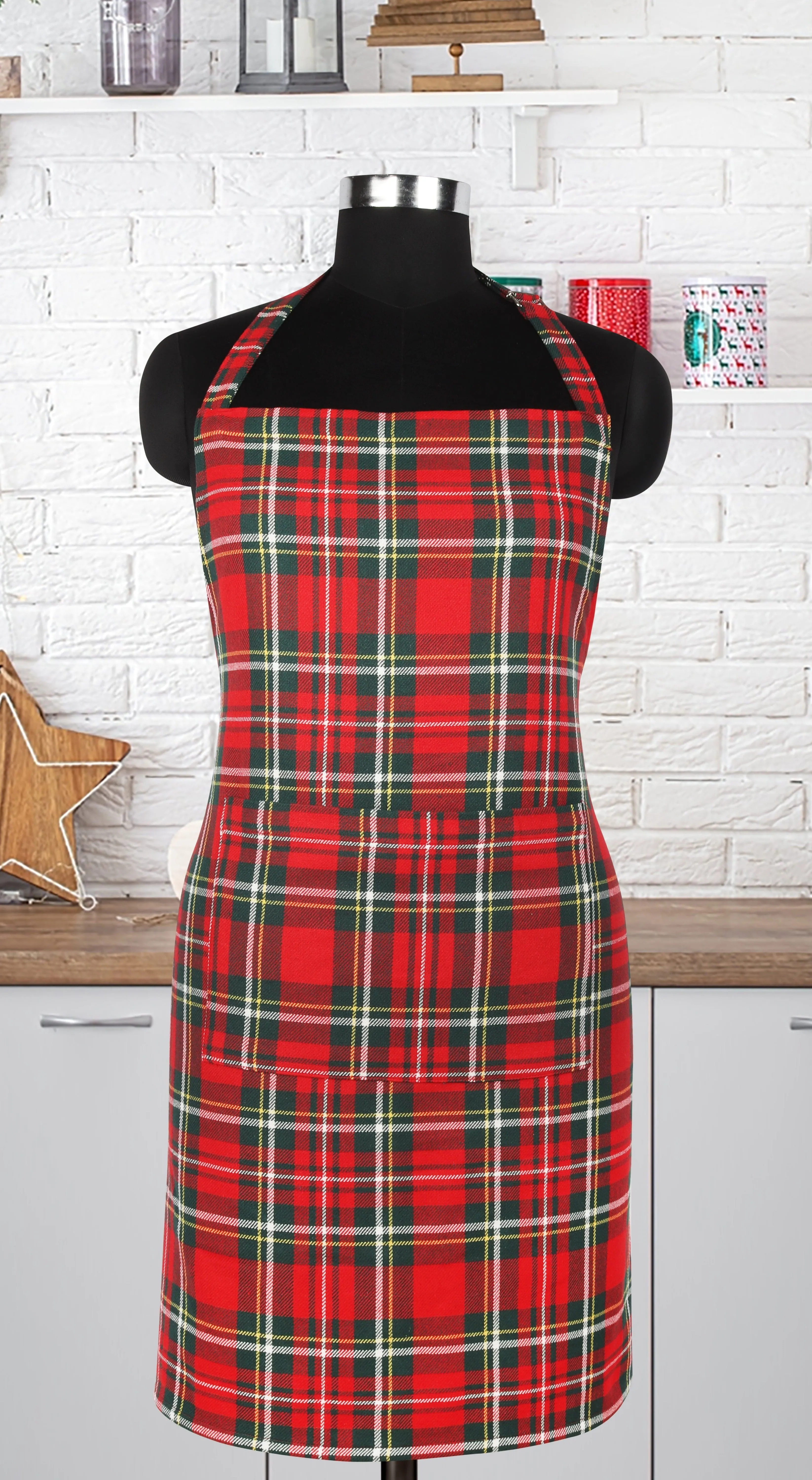 Cotton Christmas Check Free Size with Adjustable Buckle - Apron, Pack Of 1