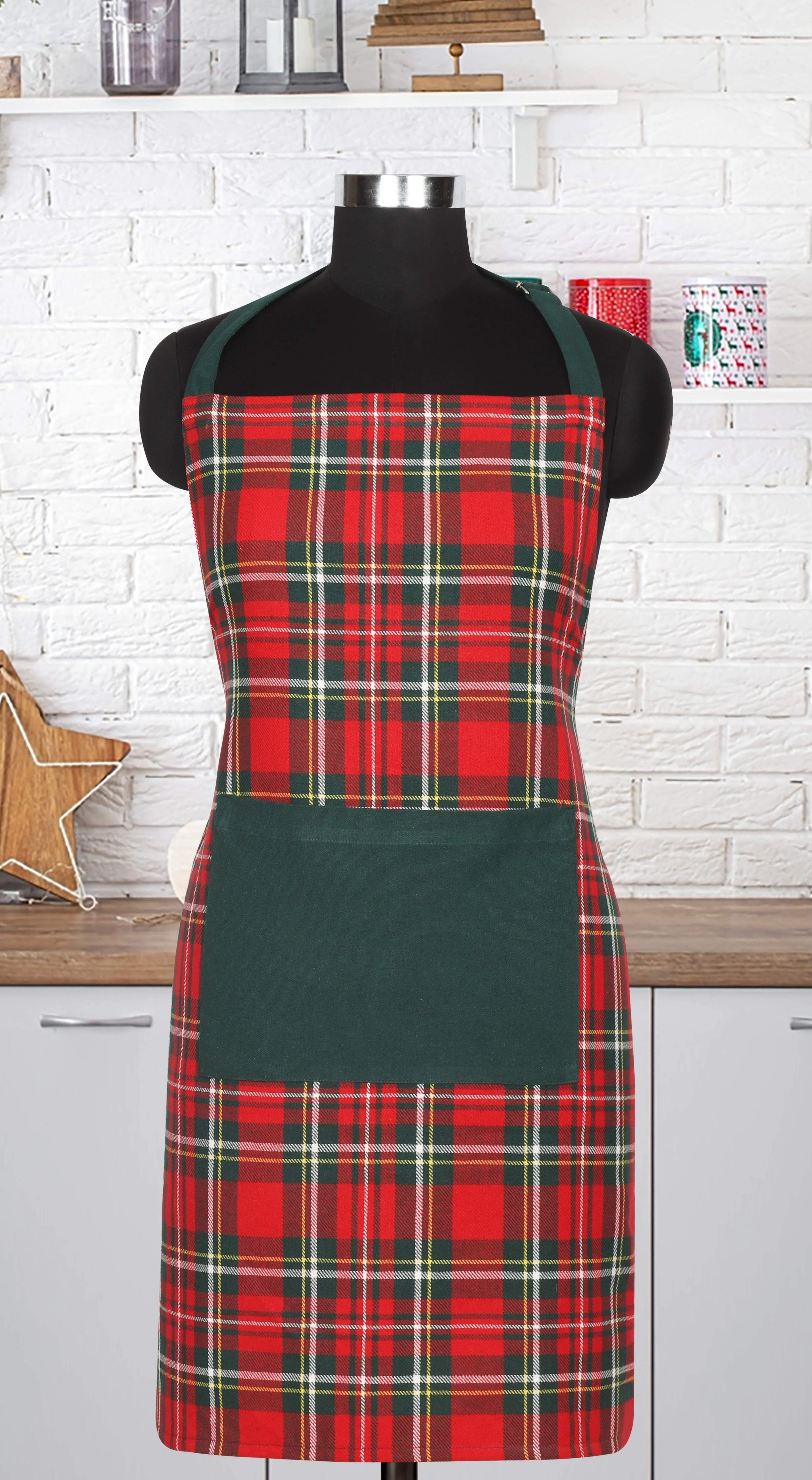 Cotton Christmas Check Free Size with Adjustable Buckle - Apron, Pack Of 1