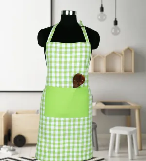 Cotton Gingham Check Green With Solid Pocket Free Size Apron Pack Of 1