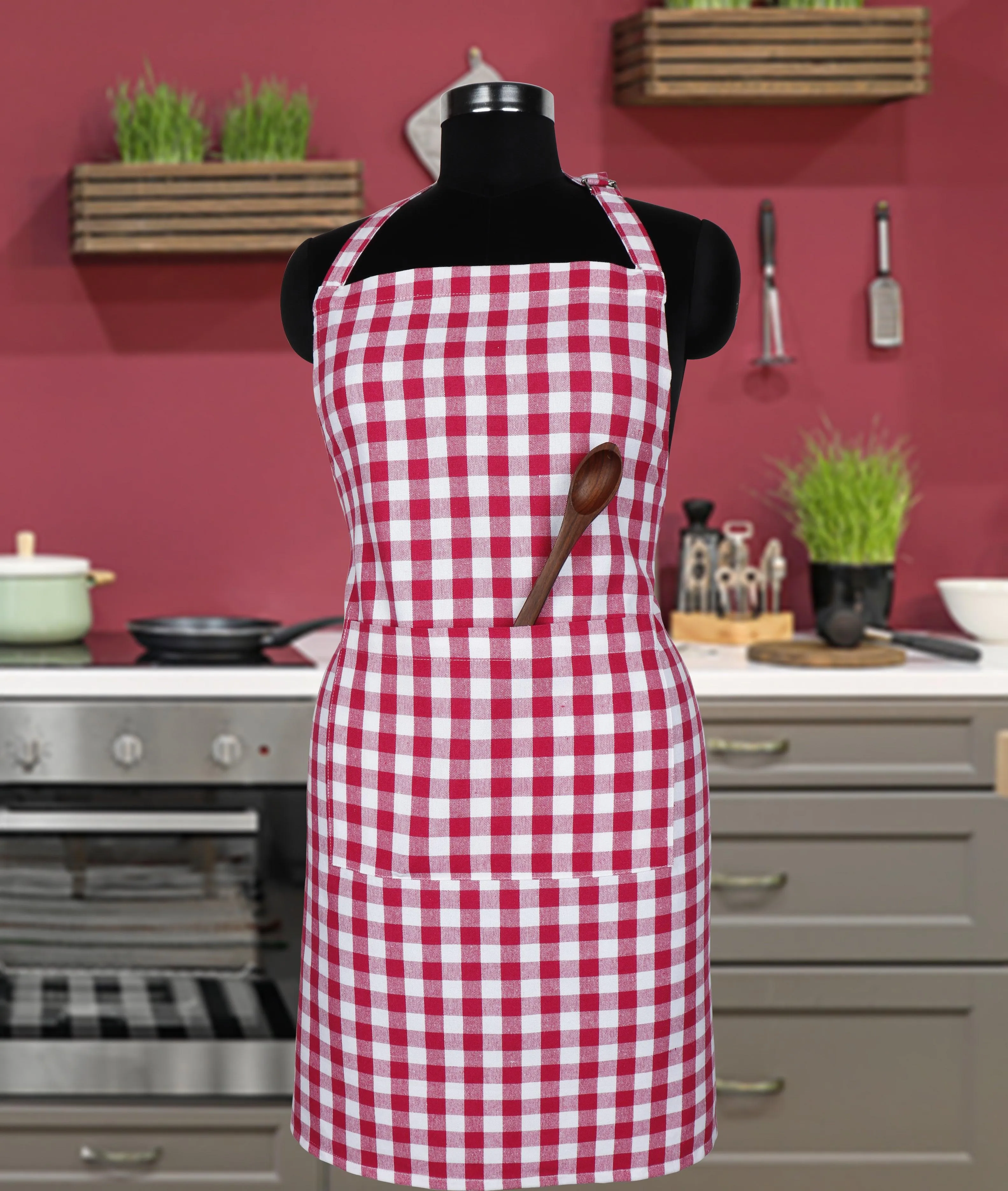 Cotton Gingham Check Pink Free Size Apron Pack Of 1