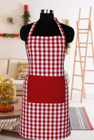 Cotton Gingham Check Red With Solid Pocket Free Size Apron Pack Of 1