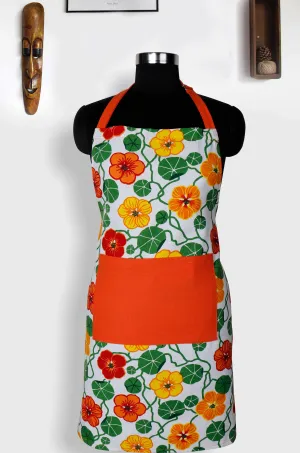 Cotton Green and Orange Flower With Orange Solid Pocket Free Size Apron Pack Of 1