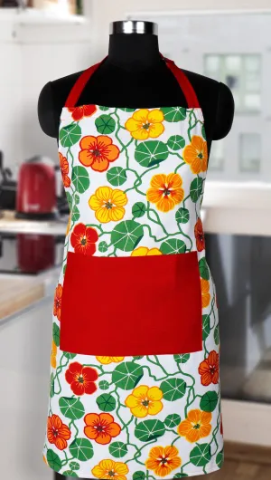 Cotton Green and Orange Flower With Red Solid Pocket Free Size Apron Pack Of 1