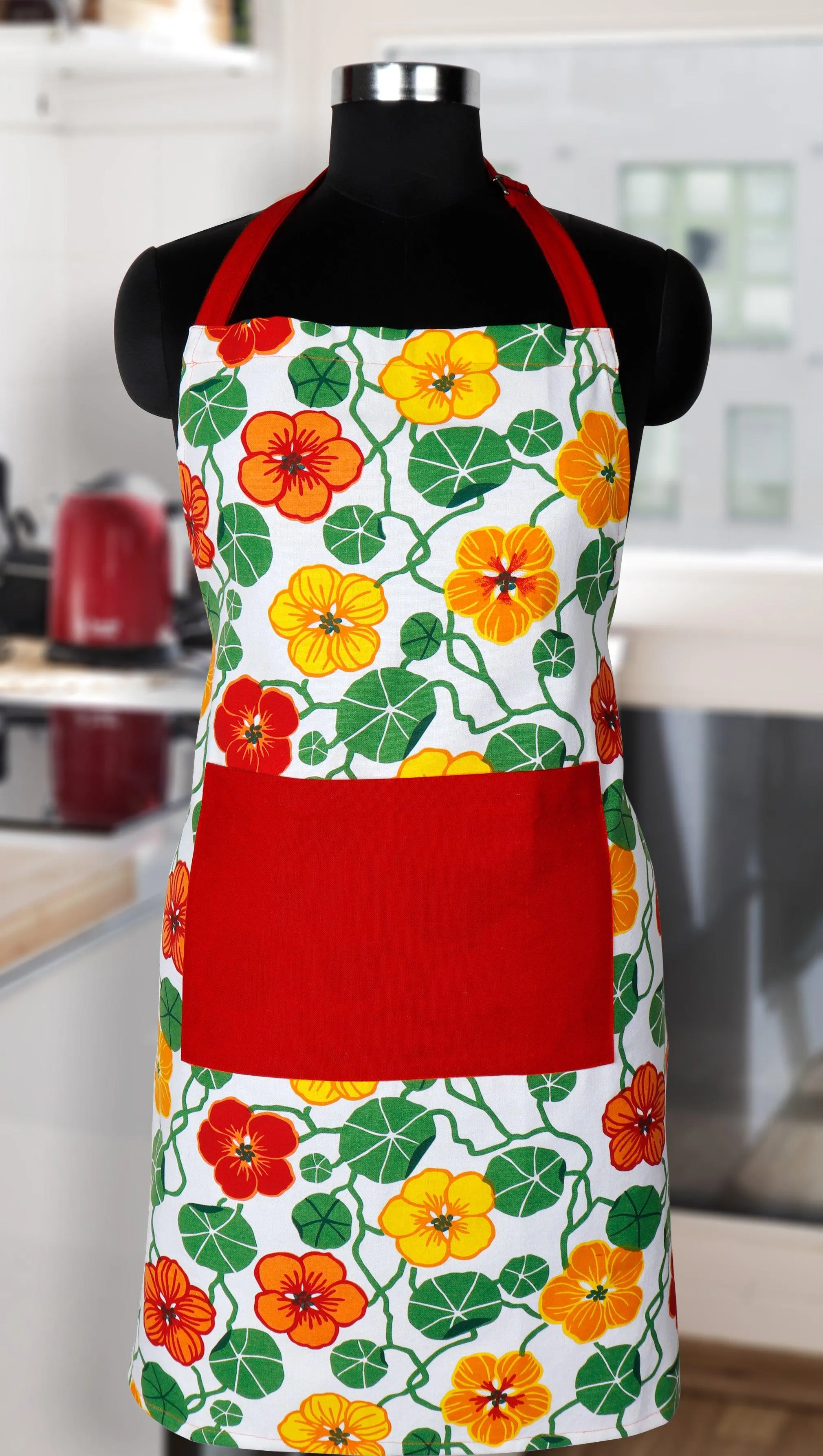 Cotton Green and Orange Flower With Red Solid Pocket Free Size Apron Pack Of 1