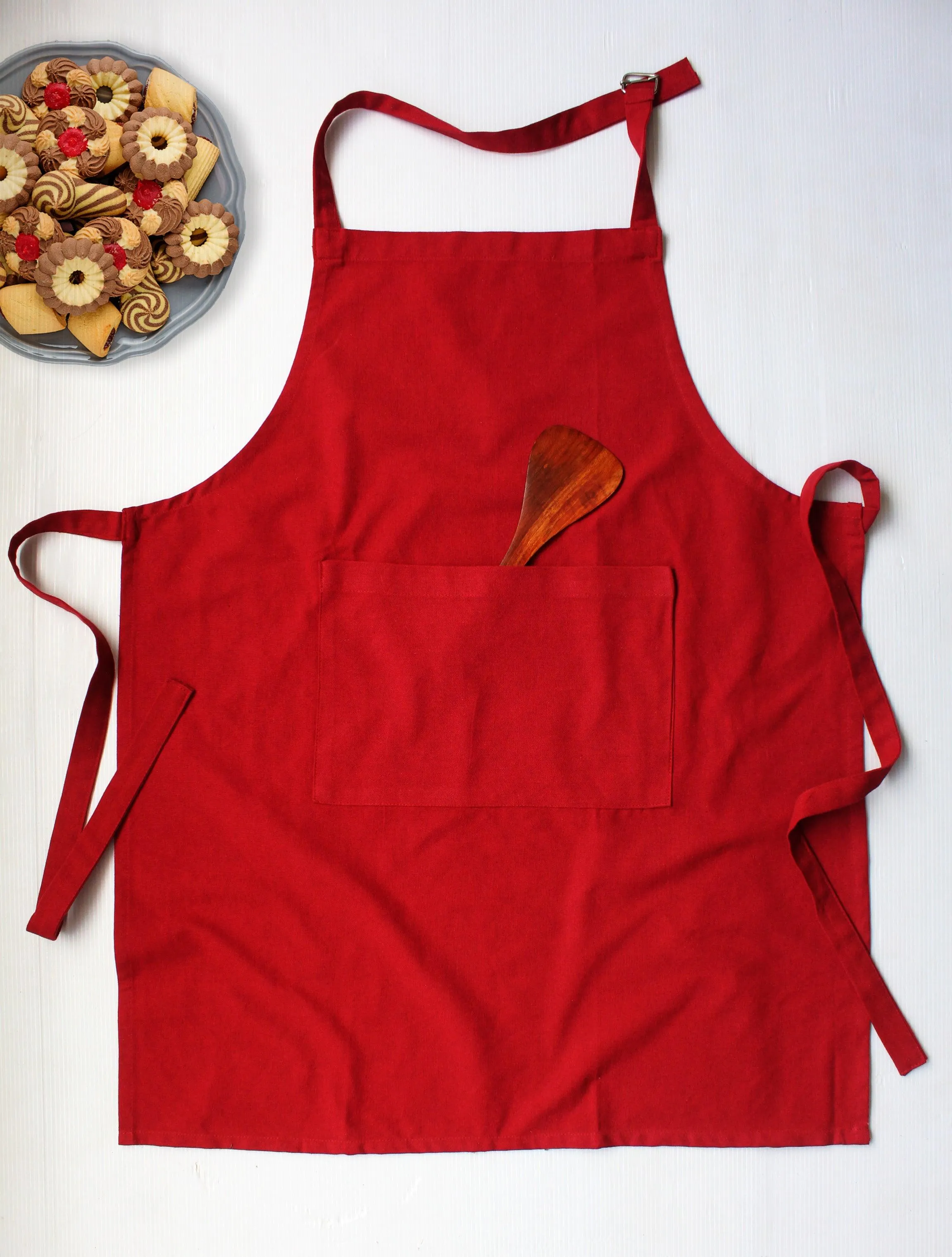 Cotton Solid Cherry Red Free Size Apron Pack of 1