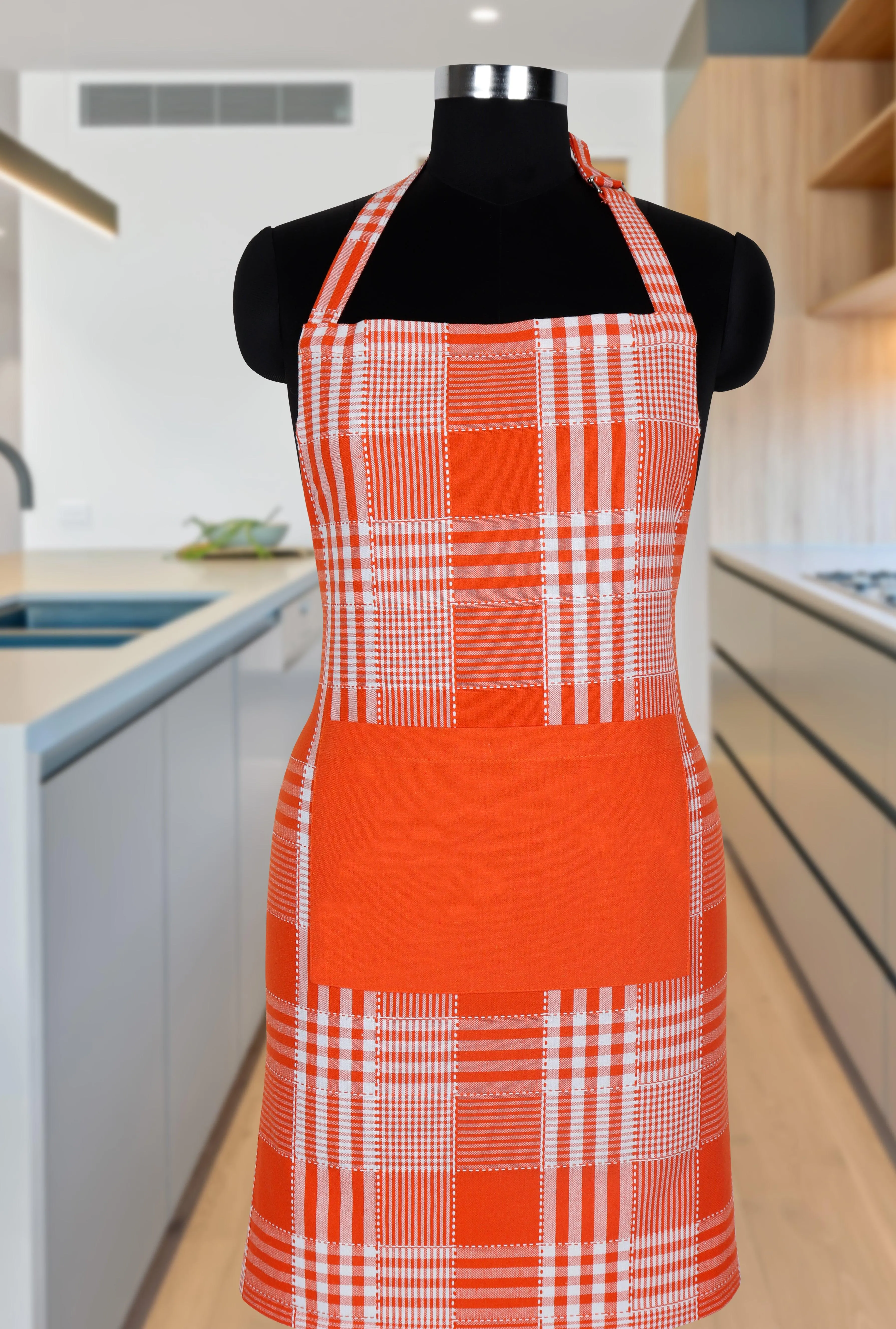 Cotton Track Dobby Orange With Solid Pocket Free Size Apron Pack Of 1