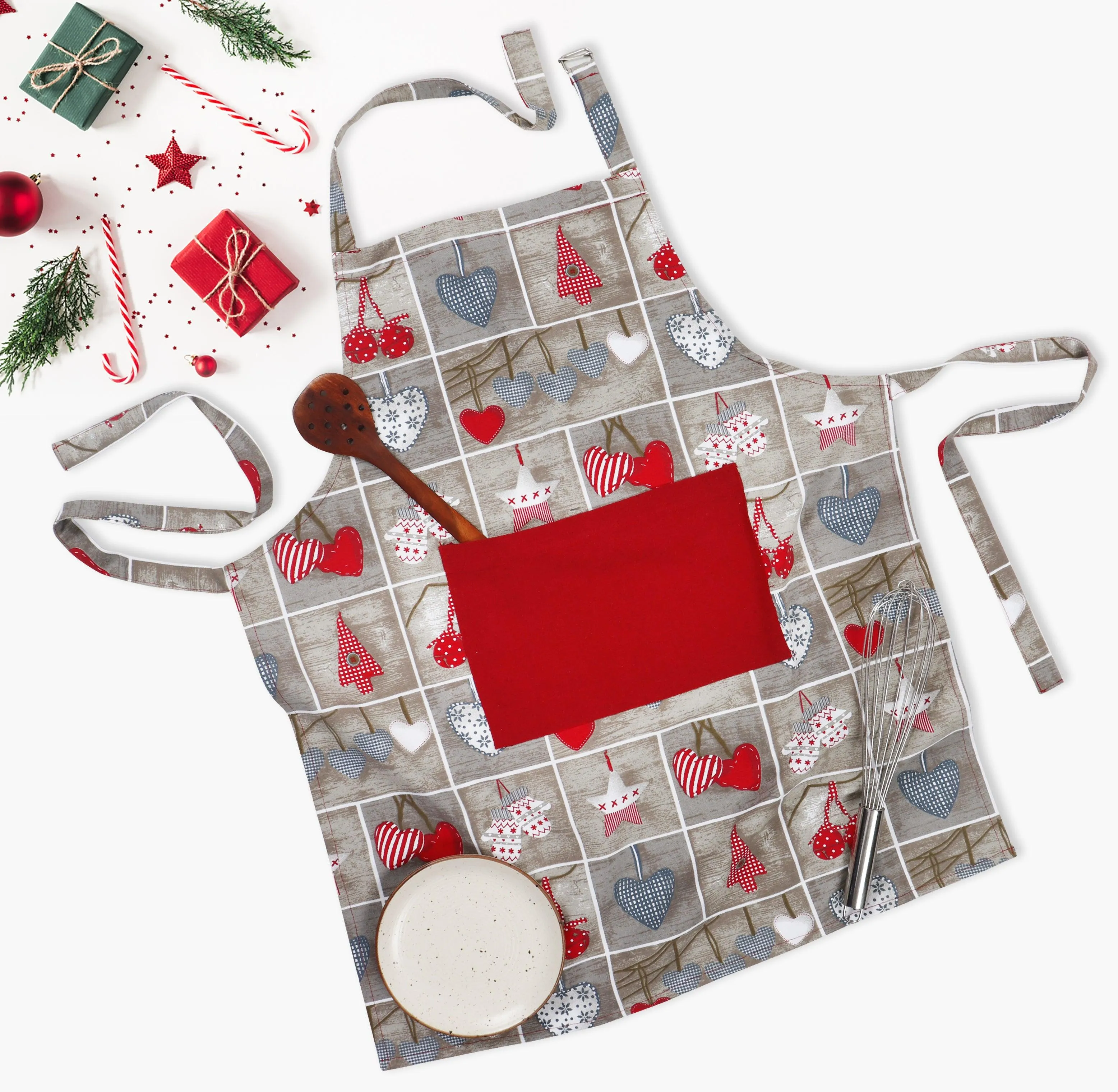 Cotton Xmas Heart With Solid Pocket Free Size Apron Pack Of 1