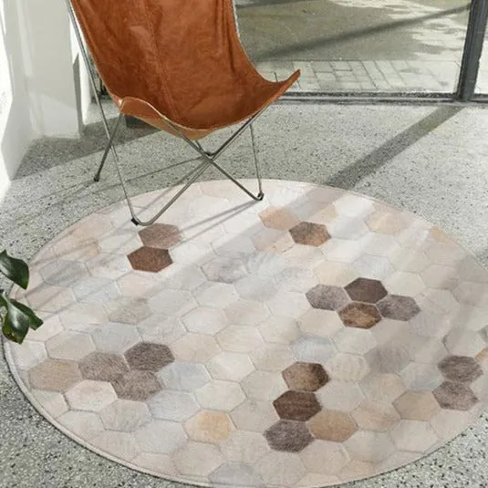 Cream Honeycomb Round Patchwork Hide Rug