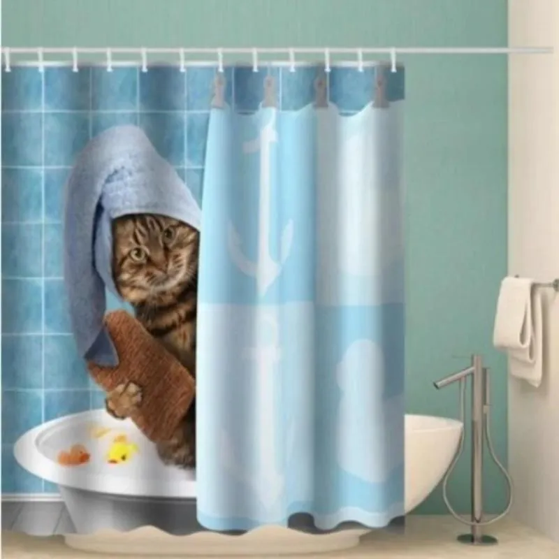 Cute Shower Curtain Funny Cat Print Shower Curtains Blue 12 Hooks Waterproof Fabric Mildew Resistant