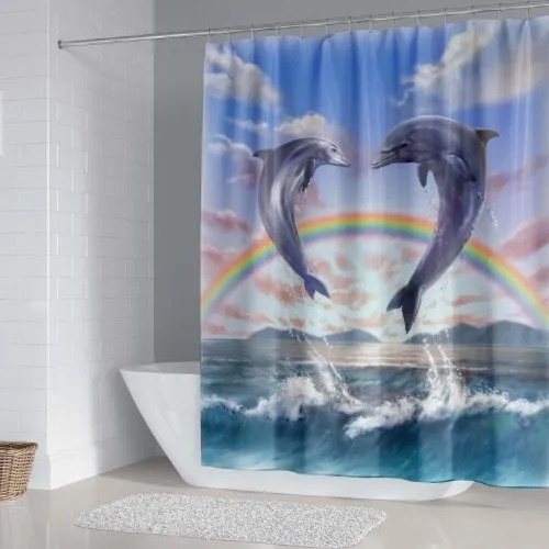 Dolphin with Rainbow Design, Shower Curtain with 12 Hooks.