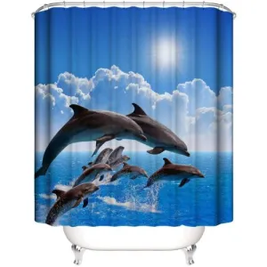 Dolphins design, shower curtain with 12 hooks.