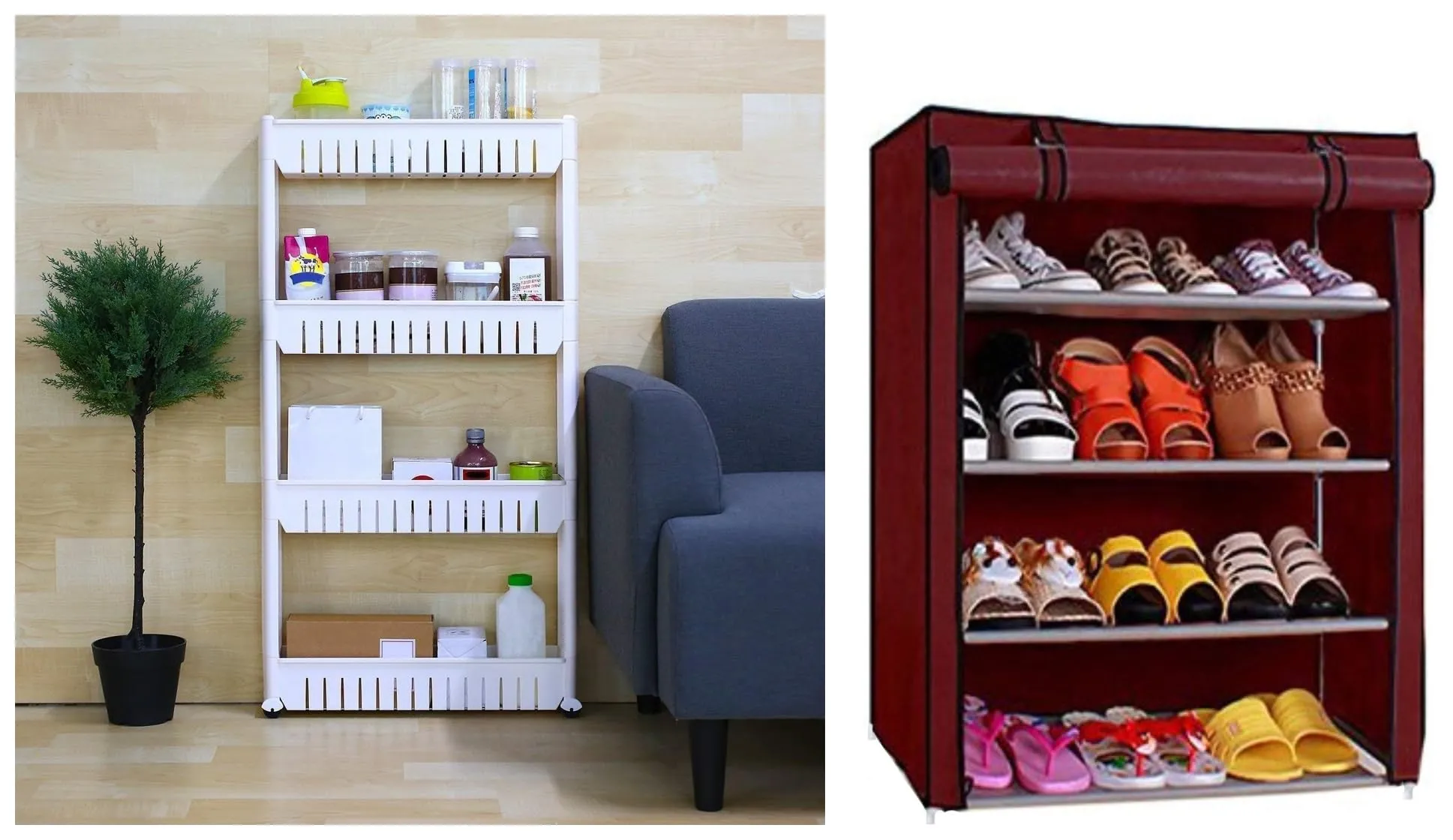 Ebee 4 Layer Storage Organizer Slim Plastic Rack Shelf with Wheels - White & Ebee 4 Shelves Shoe Cabinet (Maroon, Metal)