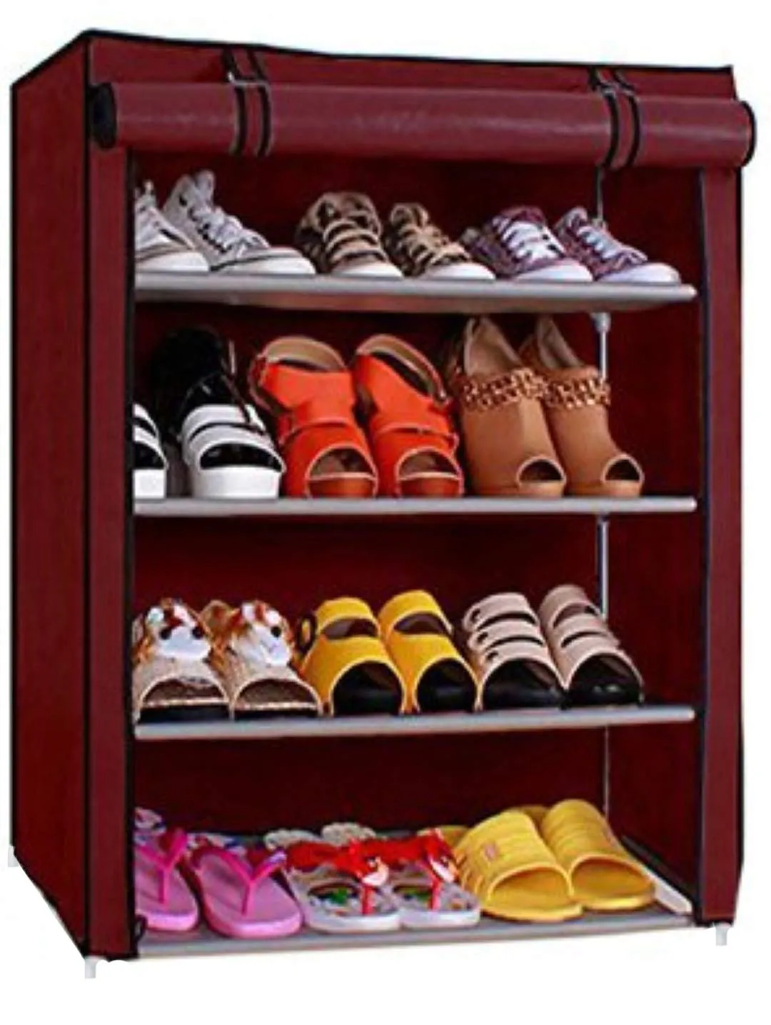 Ebee 4 Layer Storage Organizer Slim Plastic Rack Shelf with Wheels - White & Ebee 4 Shelves Shoe Cabinet (Maroon, Metal)