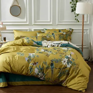 Floral Silky Cotton Bird Flower Pattern Luxury Comforter Cover Set