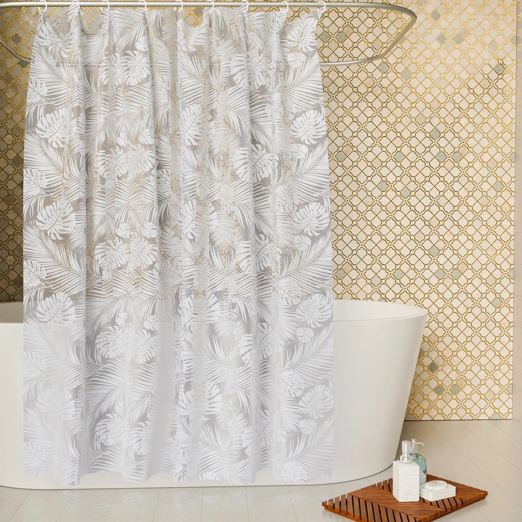 Heart Home Shower Curtain | PVC Shower Curtain with Hooks | Shower Curtain for Bathroom | AC Shower Curtain | Self Leaf Bathroom Shower Curtain | 7 Feet | White