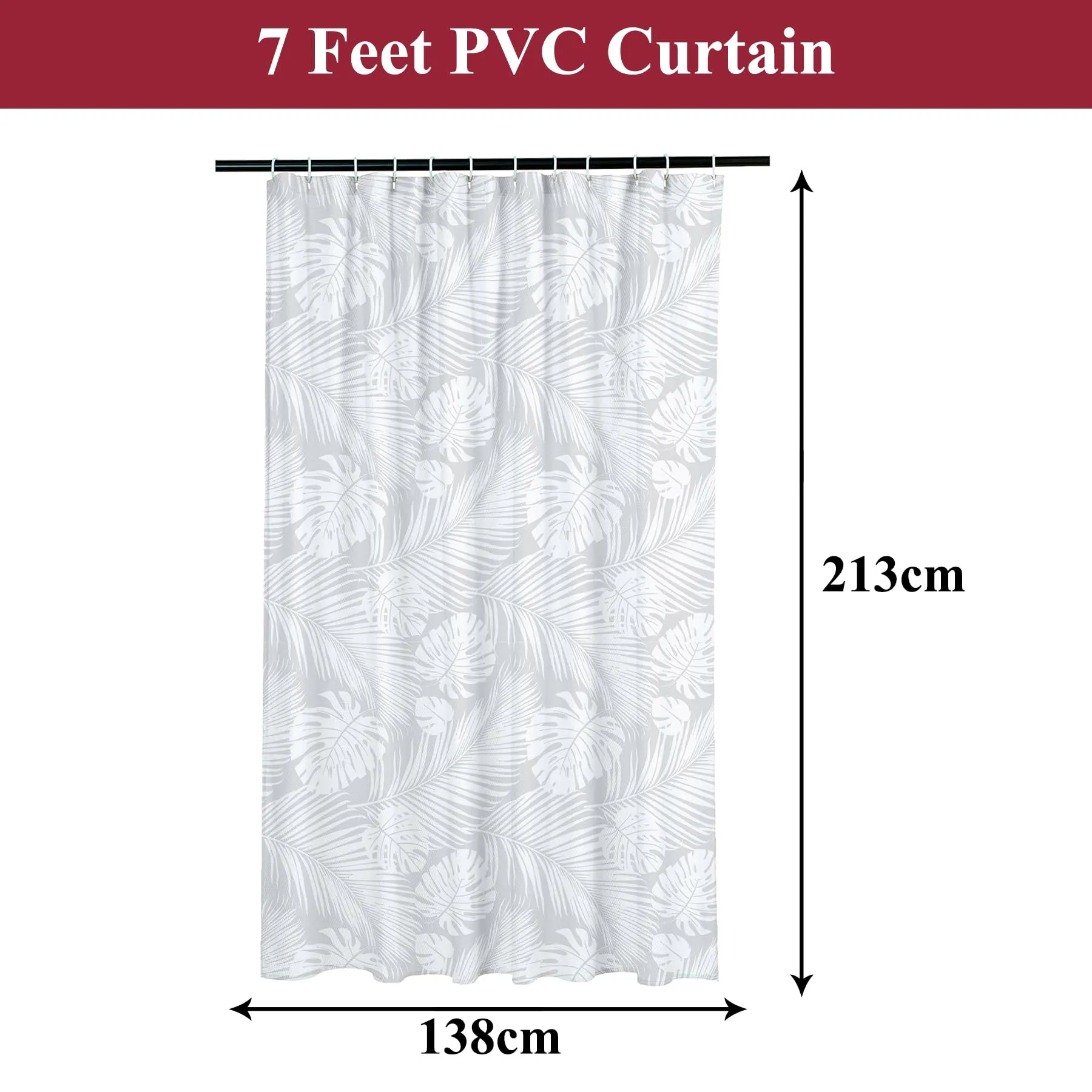 Heart Home Shower Curtain | PVC Shower Curtain with Hooks | Shower Curtain for Bathroom | AC Shower Curtain | Self Leaf Bathroom Shower Curtain | 7 Feet | White