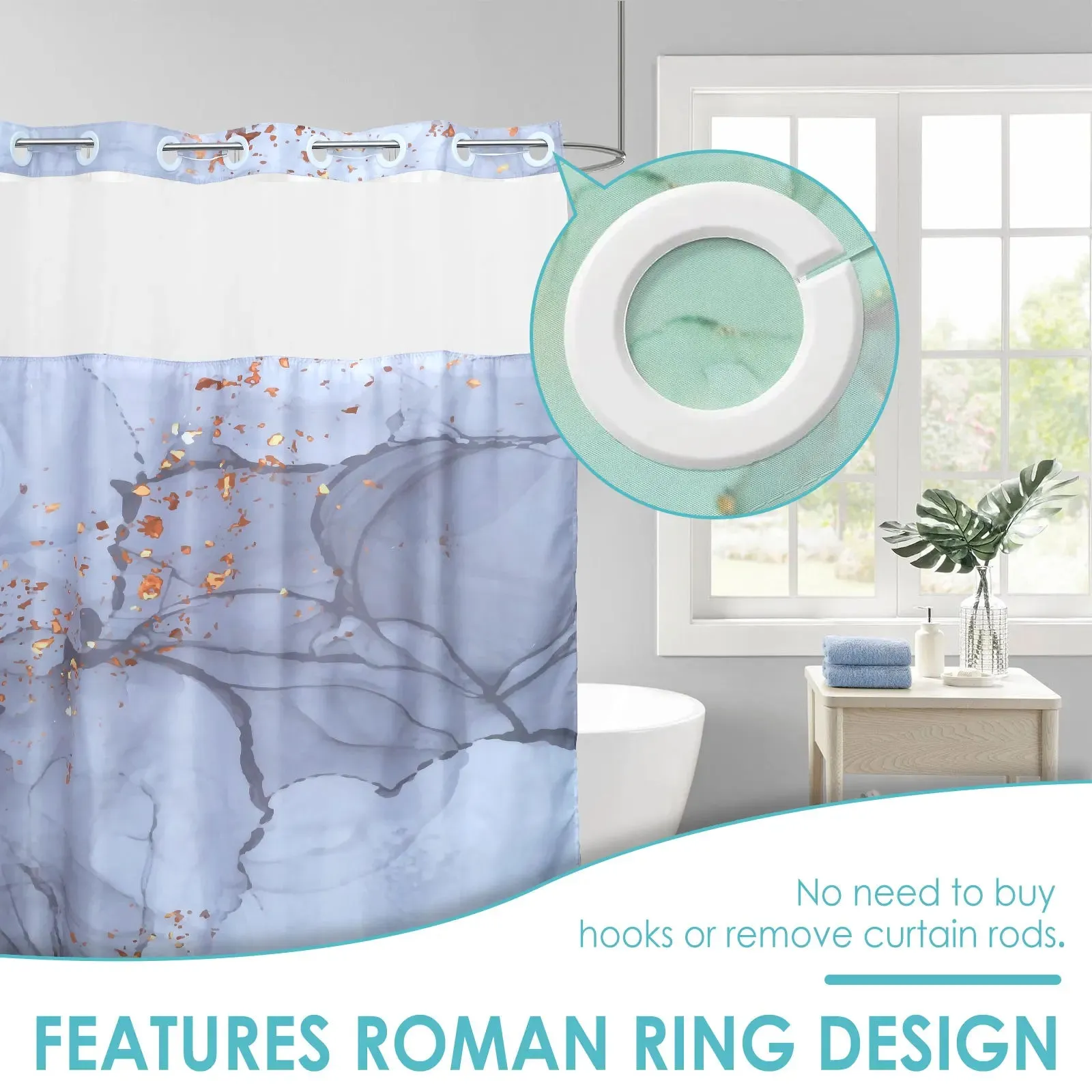 Hook Free Waterproof Bathroom Shower  Curtains with Snap-in Liner