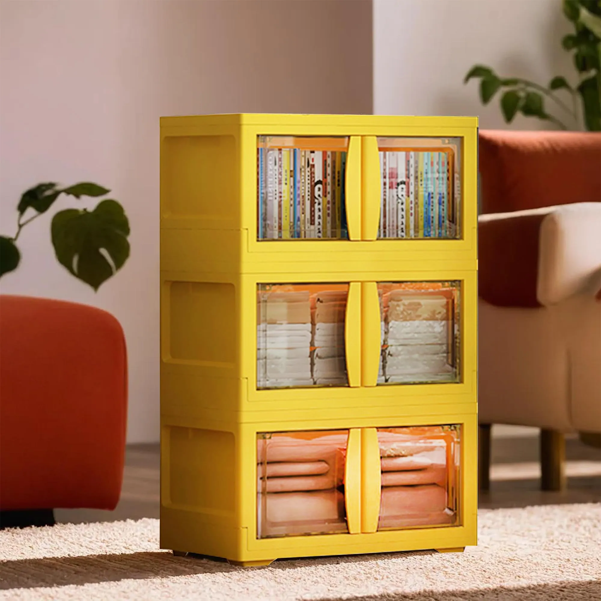 Kuber Industries (Set of 2) 3-Layer Double Door Almirah for Clothes - Collapsible & Foldable Dress Racks/Plastic Cupboard for Storage - Yellow