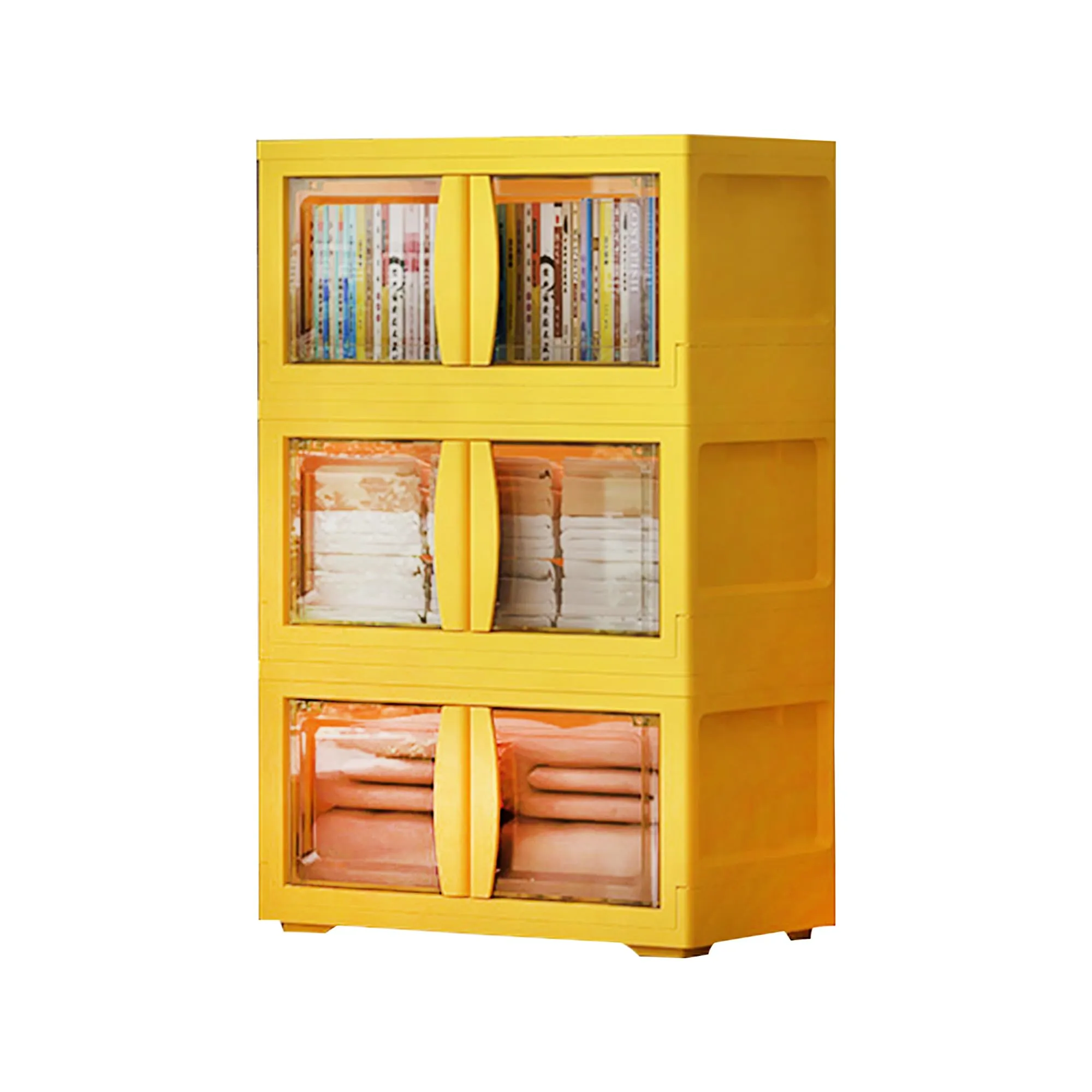 Kuber Industries (Set of 2) 3-Layer Double Door Almirah for Clothes - Collapsible & Foldable Dress Racks/Plastic Cupboard for Storage - Yellow