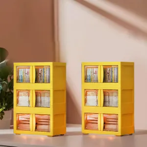 Kuber Industries (Set of 2) 3-Layer Double Door Almirah for Clothes - Collapsible & Foldable Dress Racks/Plastic Cupboard for Storage - Yellow