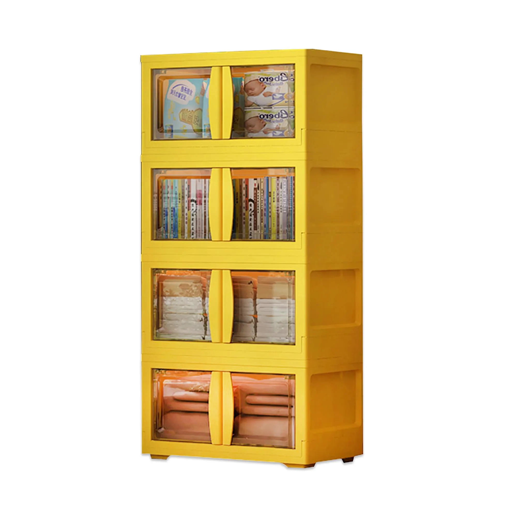 Kuber Industries (Set of 3) 4-Layer Double Door Almirah for Clothes - Collapsible & Foldable Dress Racks/Plastic Cupboard for Storage - Yellow