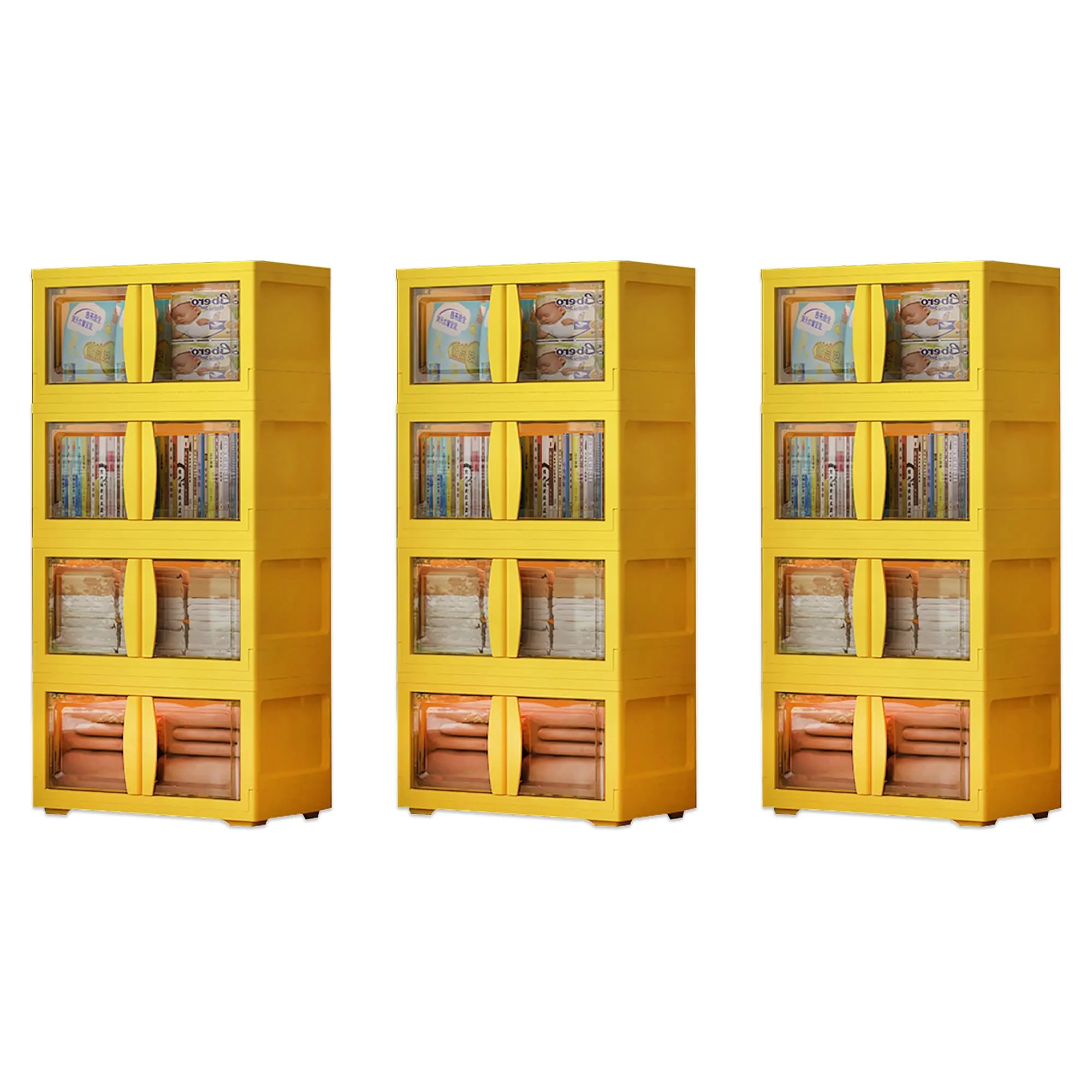 Kuber Industries (Set of 3) 4-Layer Double Door Almirah for Clothes - Collapsible & Foldable Dress Racks/Plastic Cupboard for Storage - Yellow