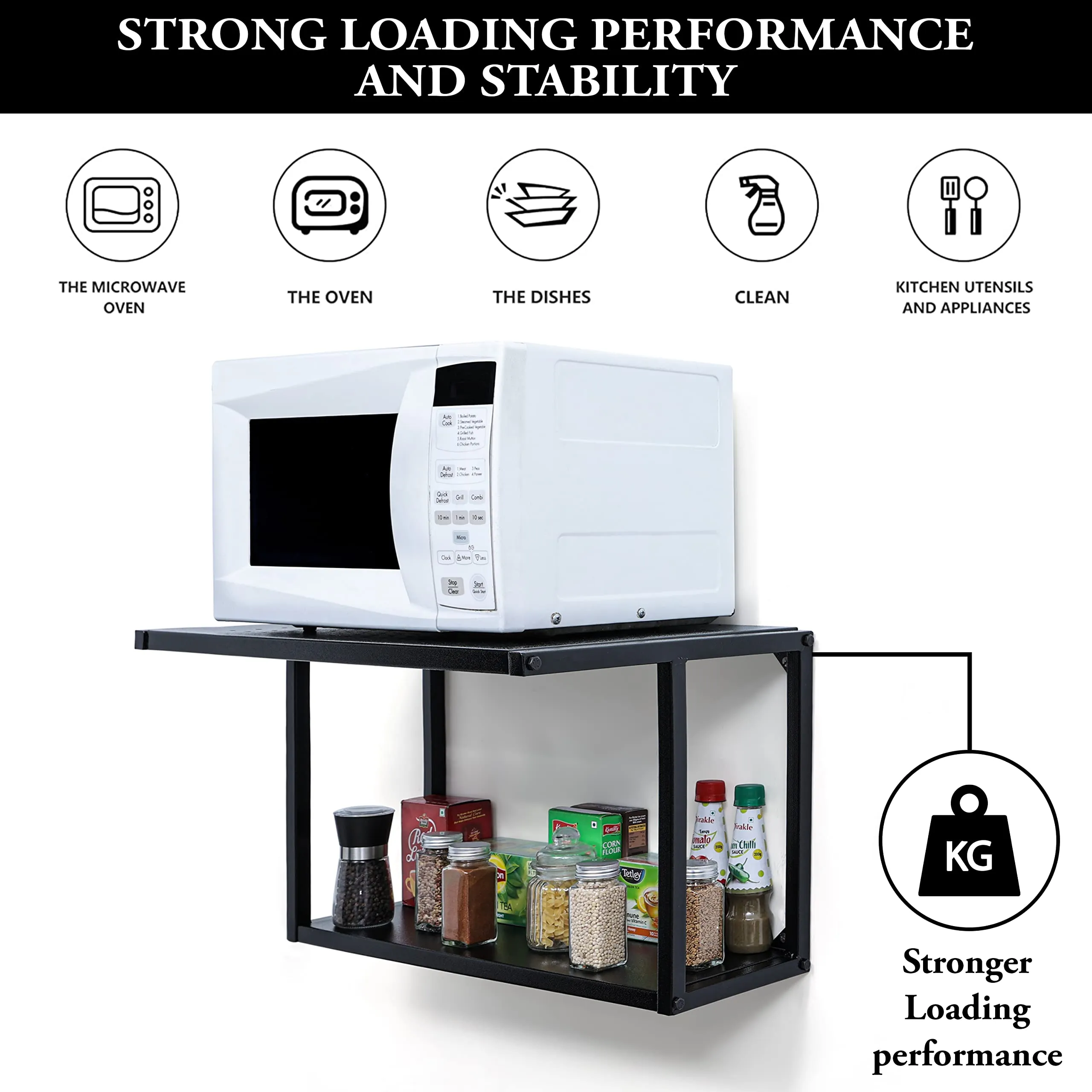 Livzing 2-Tier Wall Mount Microwave Oven Rack-Metal Microwave Stand-OTG Stand-Disk Rack-Hanging Shelves-Multipurpose Kitchen Storage Racks and Shelves-Spice Storage Rack, Black