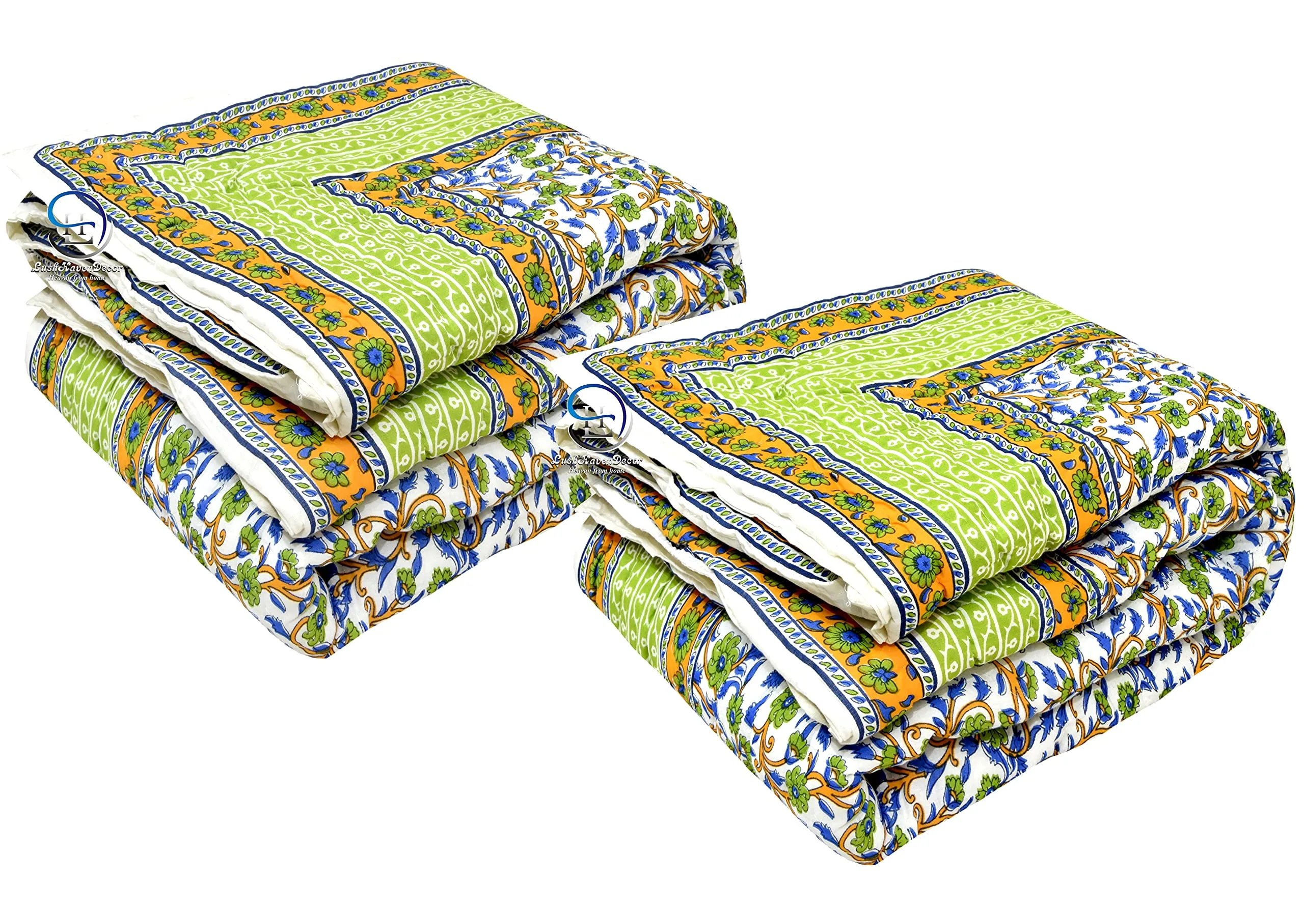 LushHavenDecor Rajasthani Cotton Filled Single Bed Jaipuri Razai Light Weight Soft AC Quilt Rajai Dohar Floral Print Quilts Blankets for Home (Size 55 X 85 inch) Green Set of 2