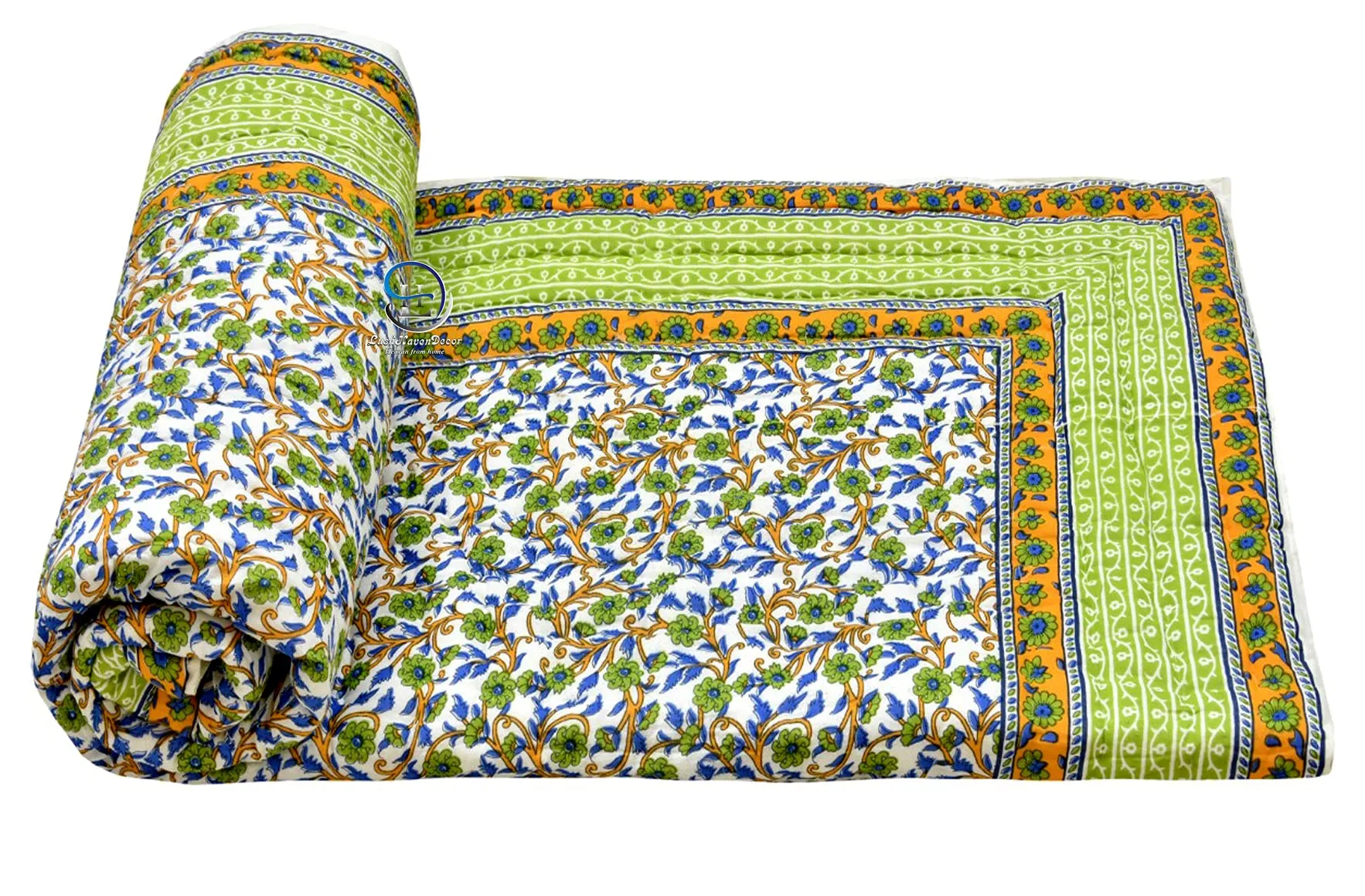 LushHavenDecor Rajasthani Cotton Filled Single Bed Jaipuri Razai Light Weight Soft AC Quilt Rajai Dohar Floral Print Quilts Blankets for Home (Size 55 X 85 inch) Green Set of 2